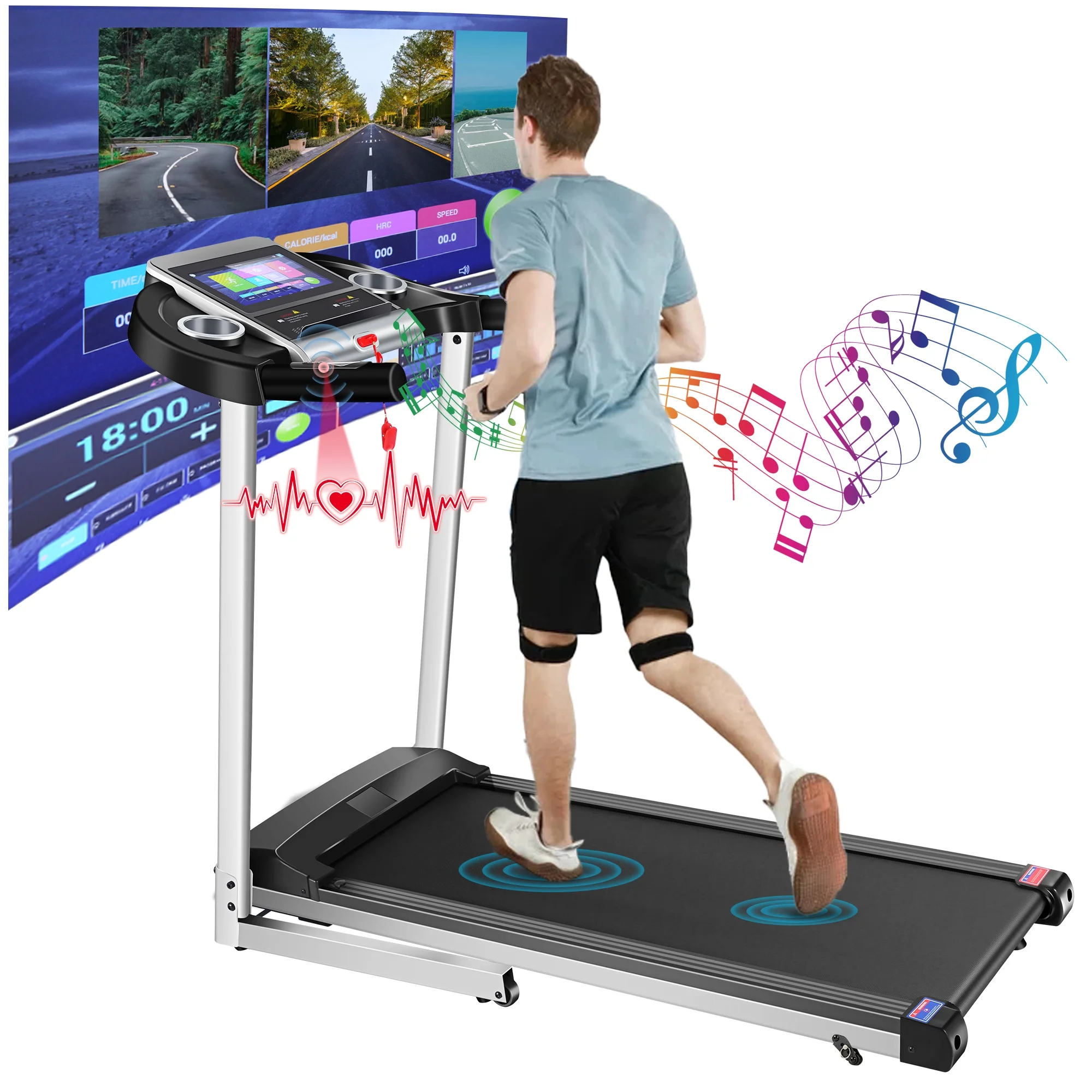 Tikmboex Incline Treadmill with 3D Virtual Sports Scene and 10″ Touchscreen, Exercise Machine for Home Office Gym