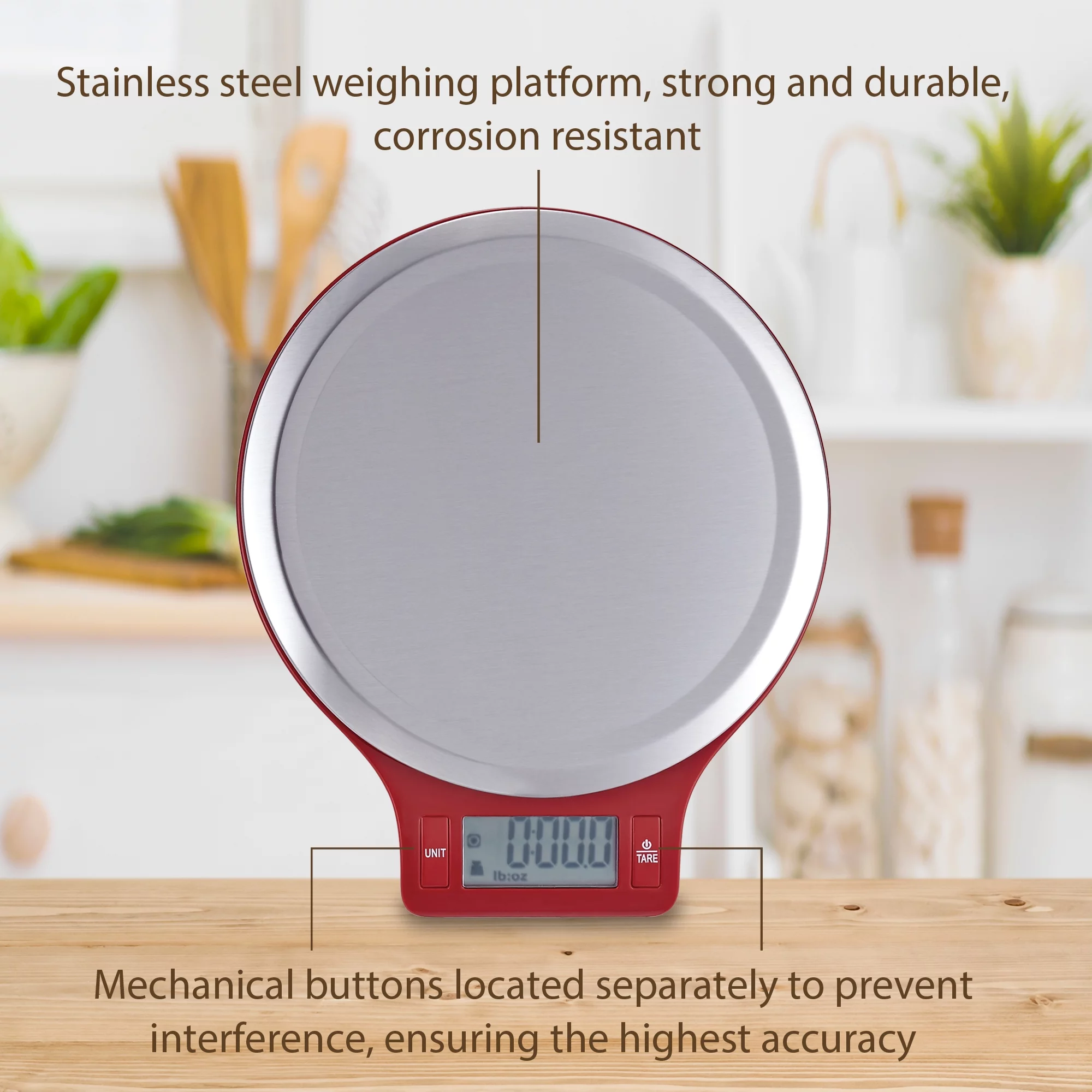 Mainstays Round Stainless Steel Digital Kitchen Scale, Red