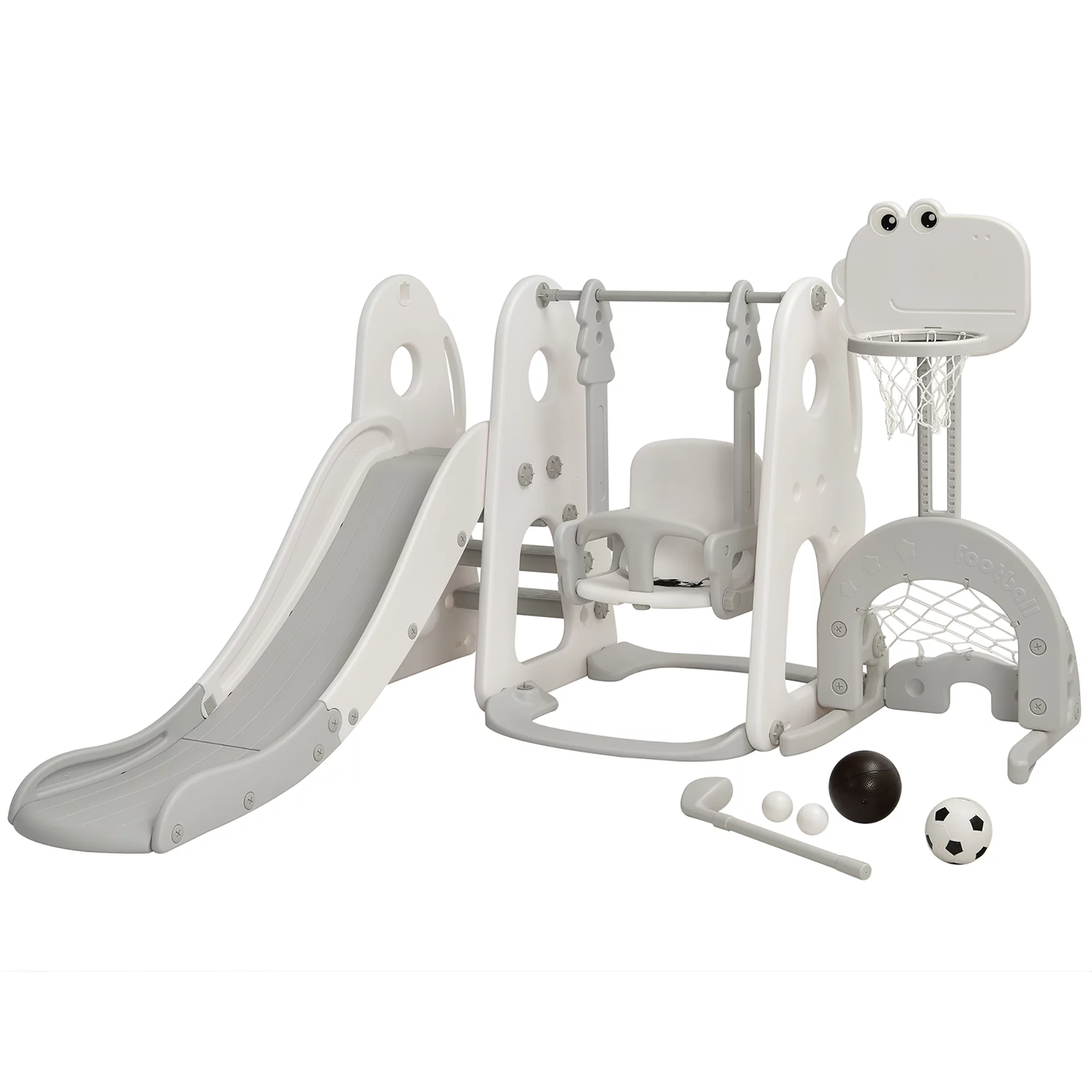 Costway 6 in 1 Toddler Slide and Swing Set Climber Playset w/ Ball Games White