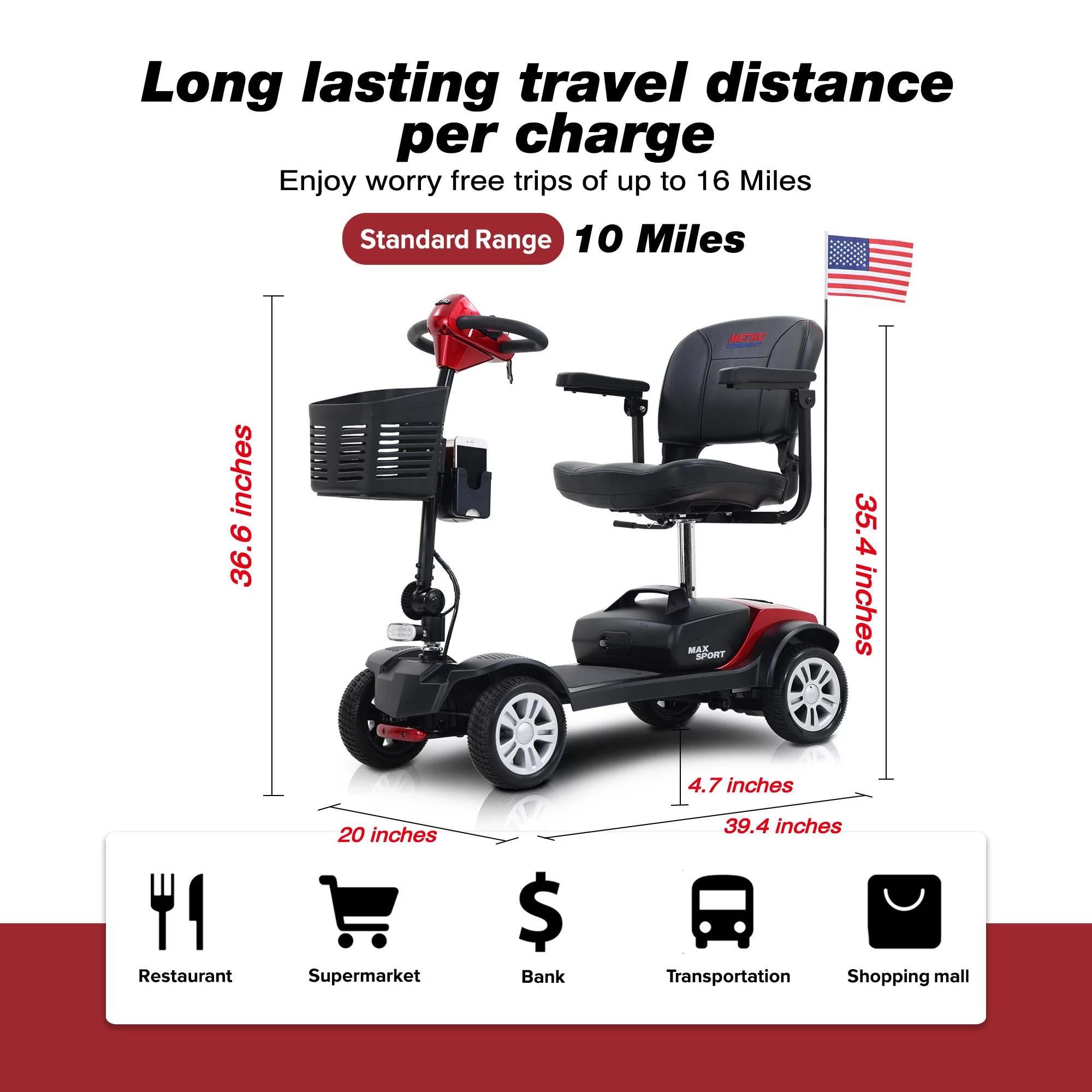 Mobility Scooters for Seniors, Heavy Duty Handicap Electric Scooters with 4 Wheel, Lightweight Compact Motorized Scooter with Headlights, Outdoor Power Scooter with Anti-Tip Wheels