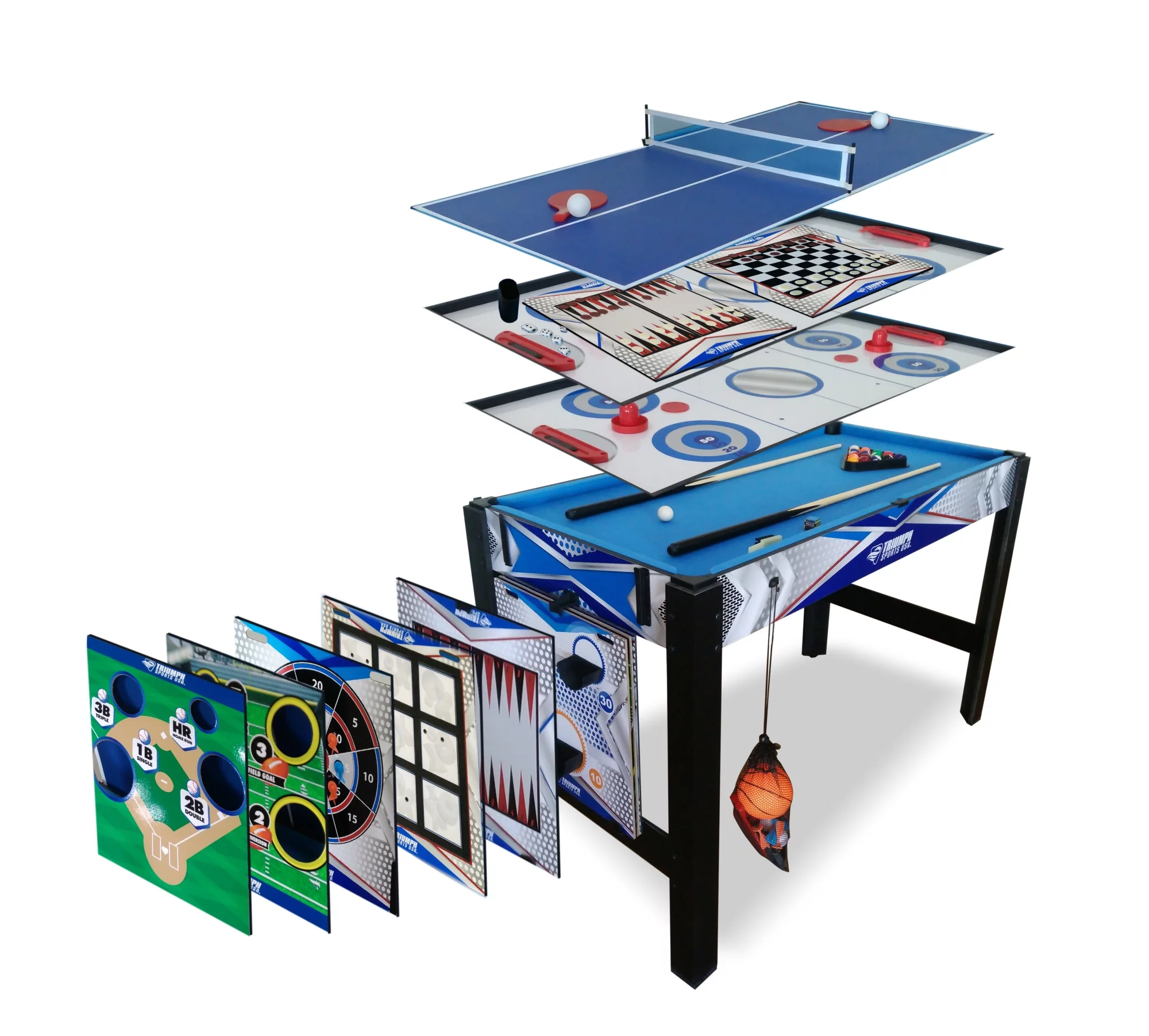 Triumph 13-in-1 Combo Game Table Includes Basketball, Table Tennis, Billiards, Push Hockey, Launch Football, Baseball, Tic-Tac-Toe, and Skee Bean Bag Toss