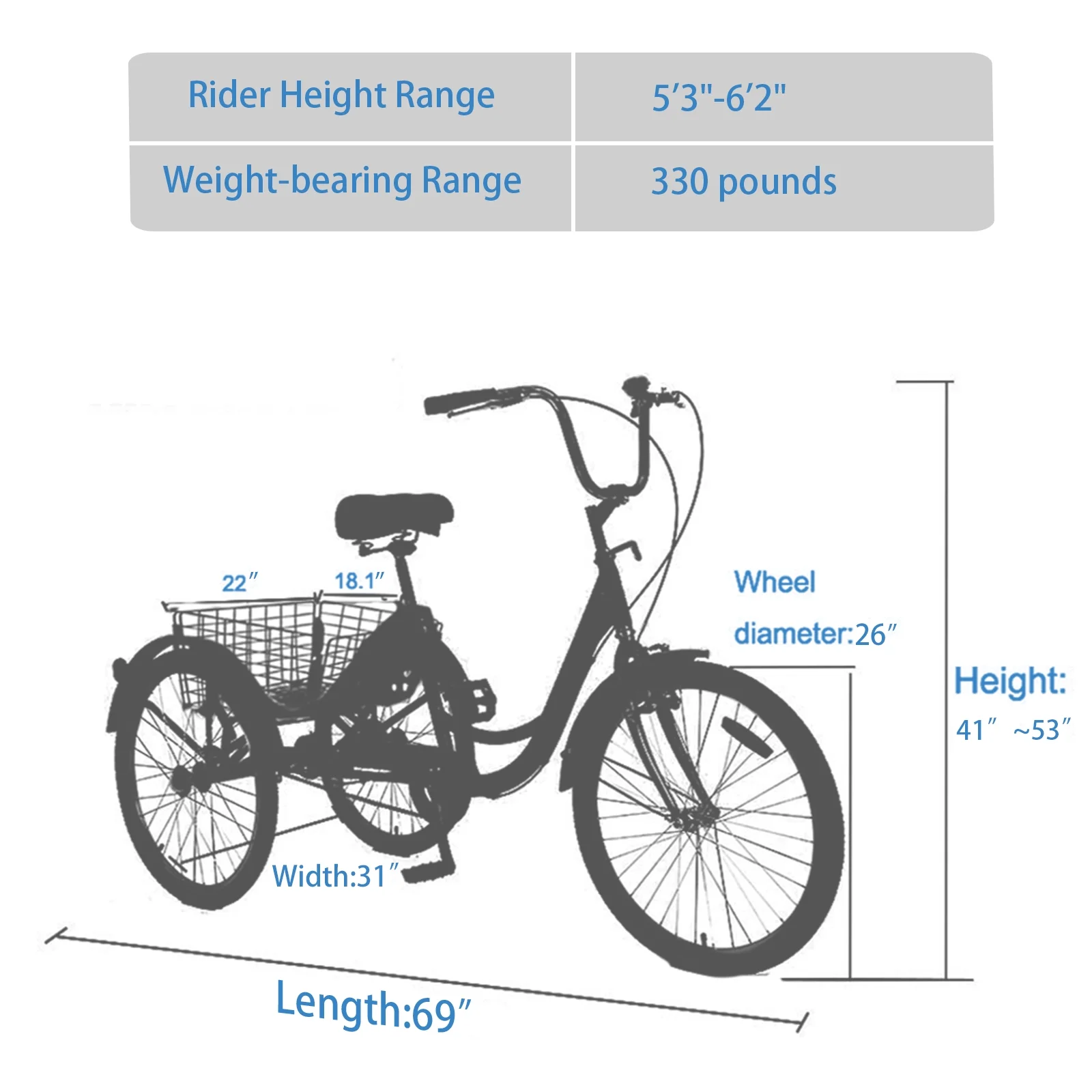 Adult Tricycle Trikes, Single Speed, Adult Trikes, 26 Inch 3 Wheel Bikes, Three-Wheeled Cruiser Bicycle with Large Shopping Basket, for Women, Men, Yellow