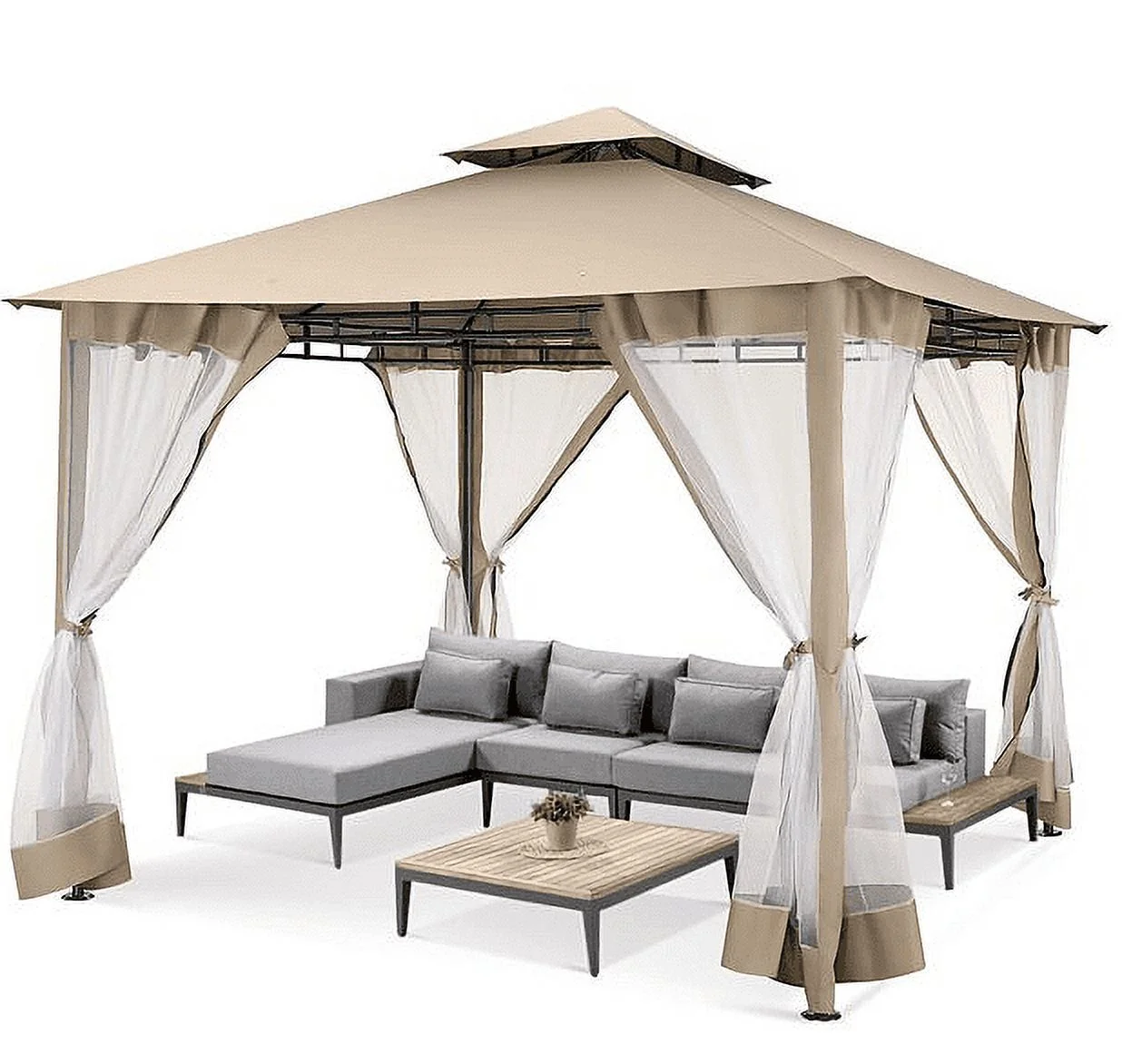 COBIZI Easy Assembly Outdoor Furniture Patio Canopy,10×10 Outdoor Gazebo with Mosquito Netting,Shade Tent for Party, Backyard, Deck, Patio Lawn & Garden,Khaki