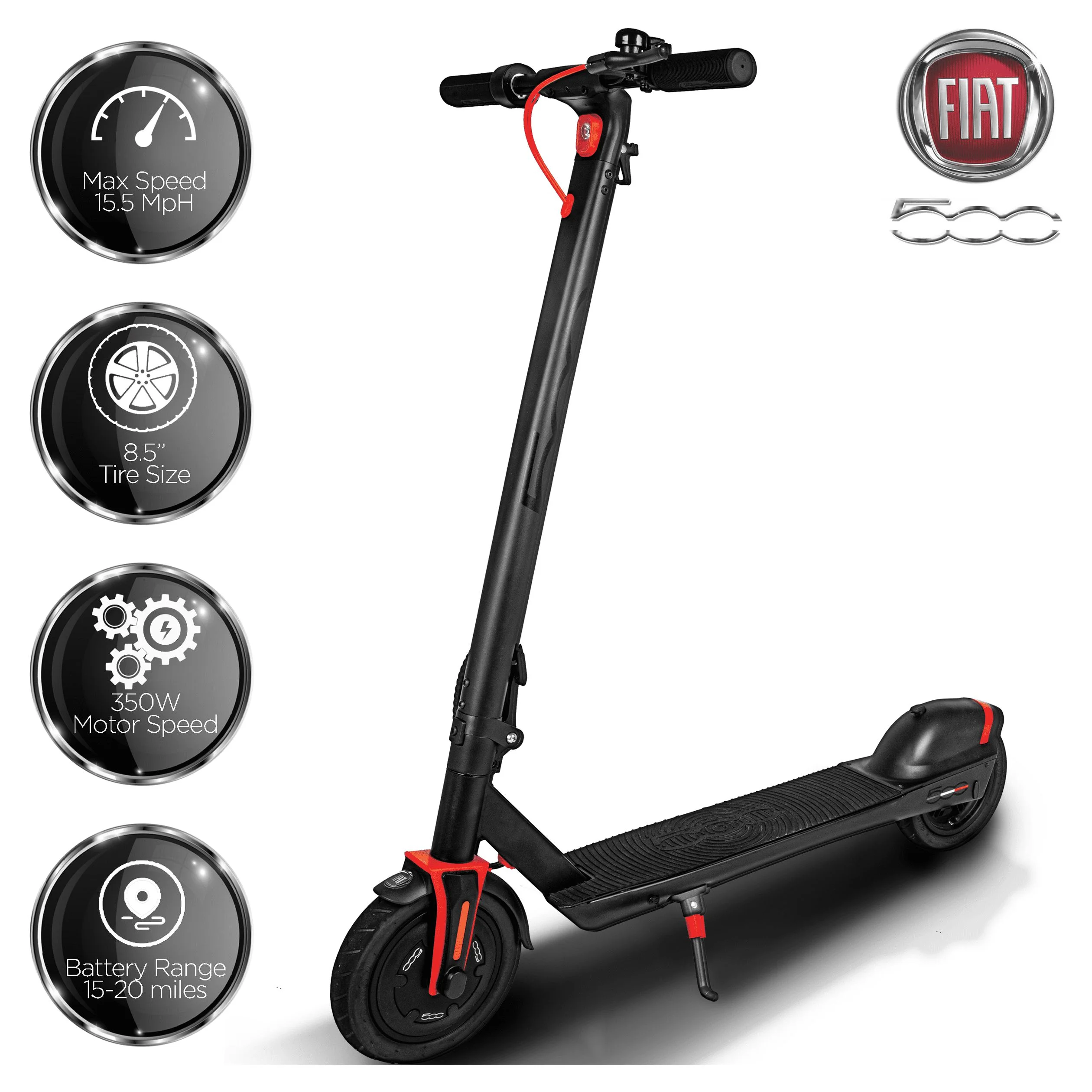 Fiat Folding Electric Scooter for Adults ?C Up to 20 Mile Range, 15.5 MPH Top Speed with Phone Holder, Lights, & Bell ?C Vesuvio Black