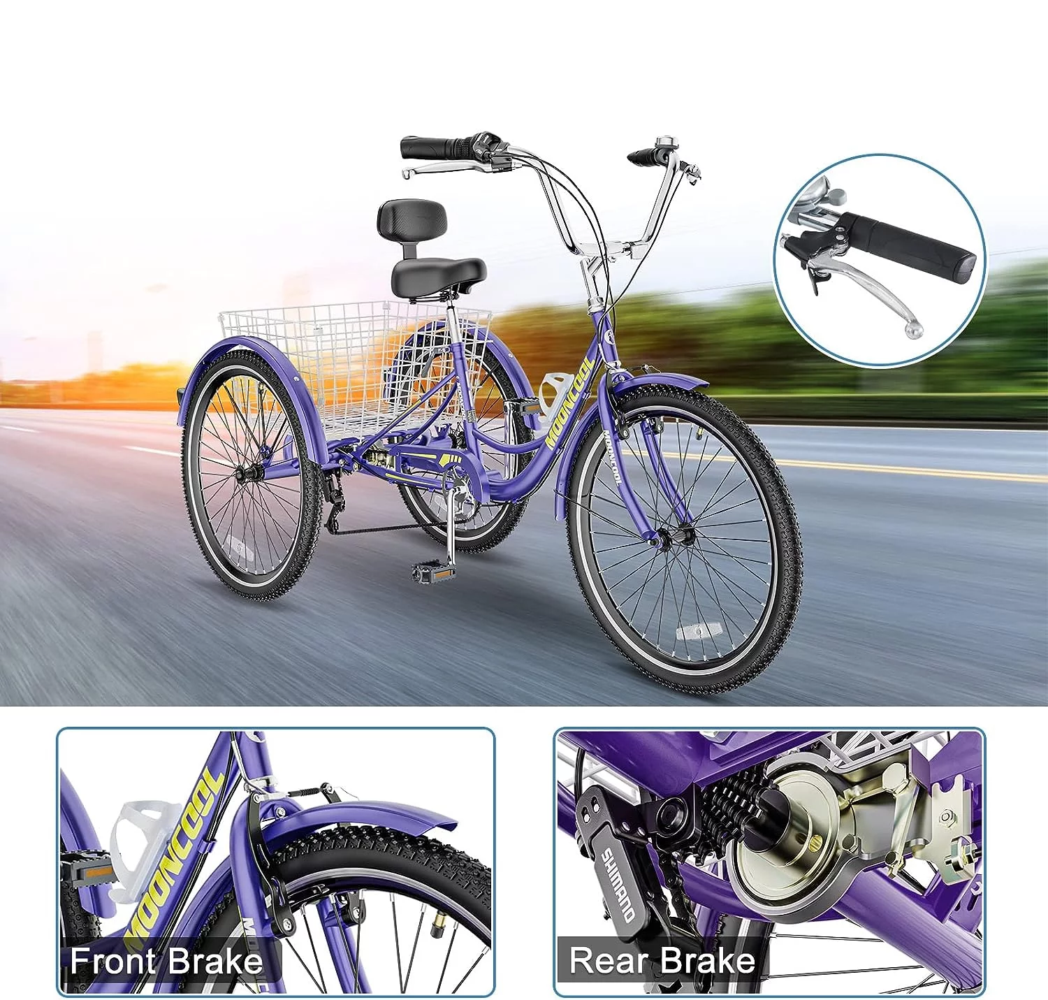 MOONCOOL Adult Tricycles 7 Speed, 16/20/24/26 inch 3 Wheel Bikes, Three-Wheeled Bicycles Cruise Trike with Shopping Basket for Seniors, Women, Men, Teenager, Kids