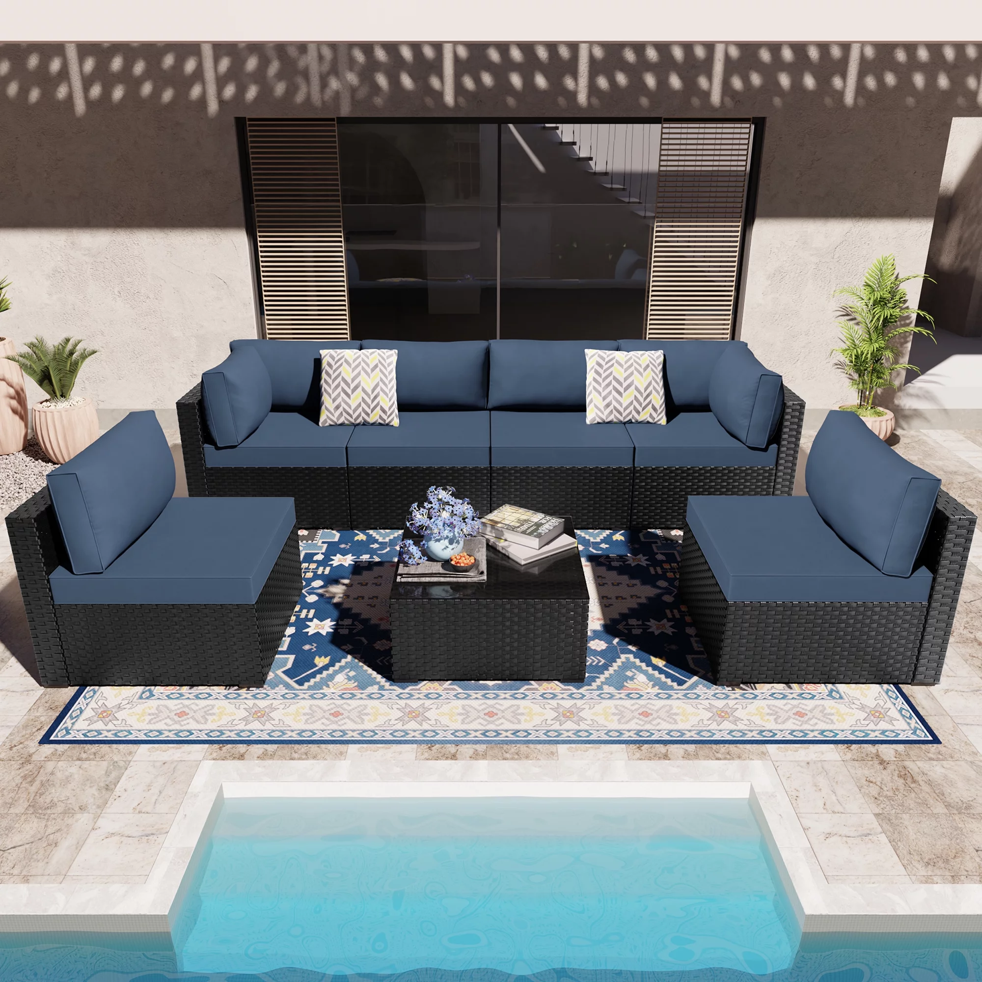 7 Pieces Outdoor Sectional Sofa Furniture Sets, All-Weather Black Wicker Patio Furniture Sets with Tea Table and Washable Couch Cushions Aegean Blue