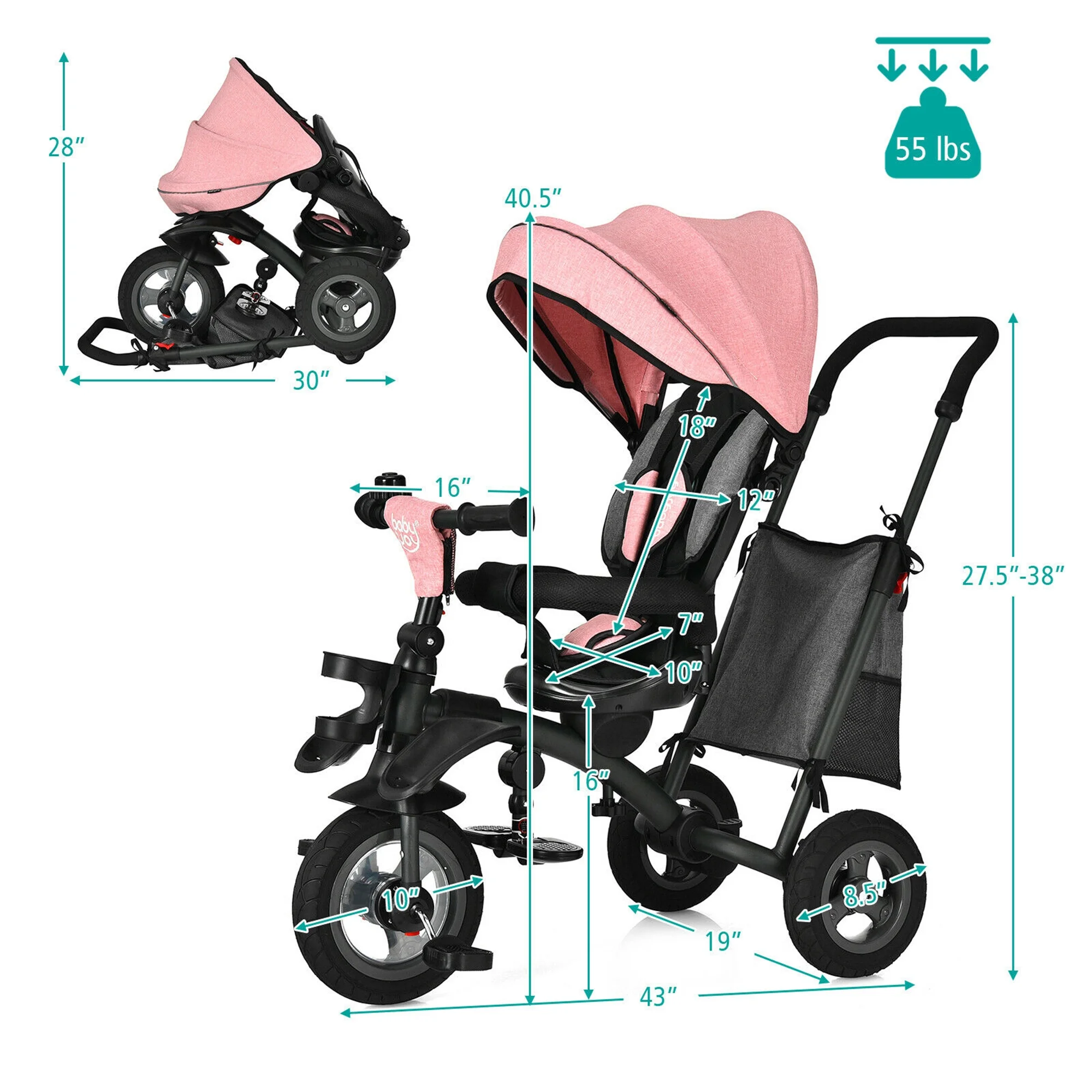 Gymax 7-In-1 Kids Folding Steer Stroller Baby Tricycle w/ Rotatable Seat Pink