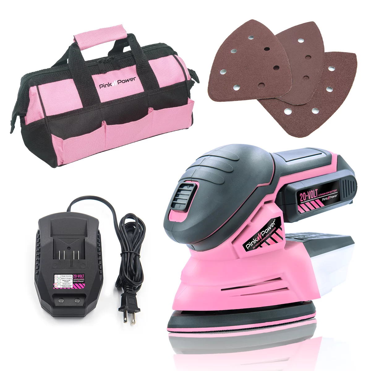 Pink Power Sander Tool – Detail Sander – Hand Sanders for Wood – 20V Palm Sander Cordless for Woodworking with Sandpaper, Li-Ion Battery & Charger