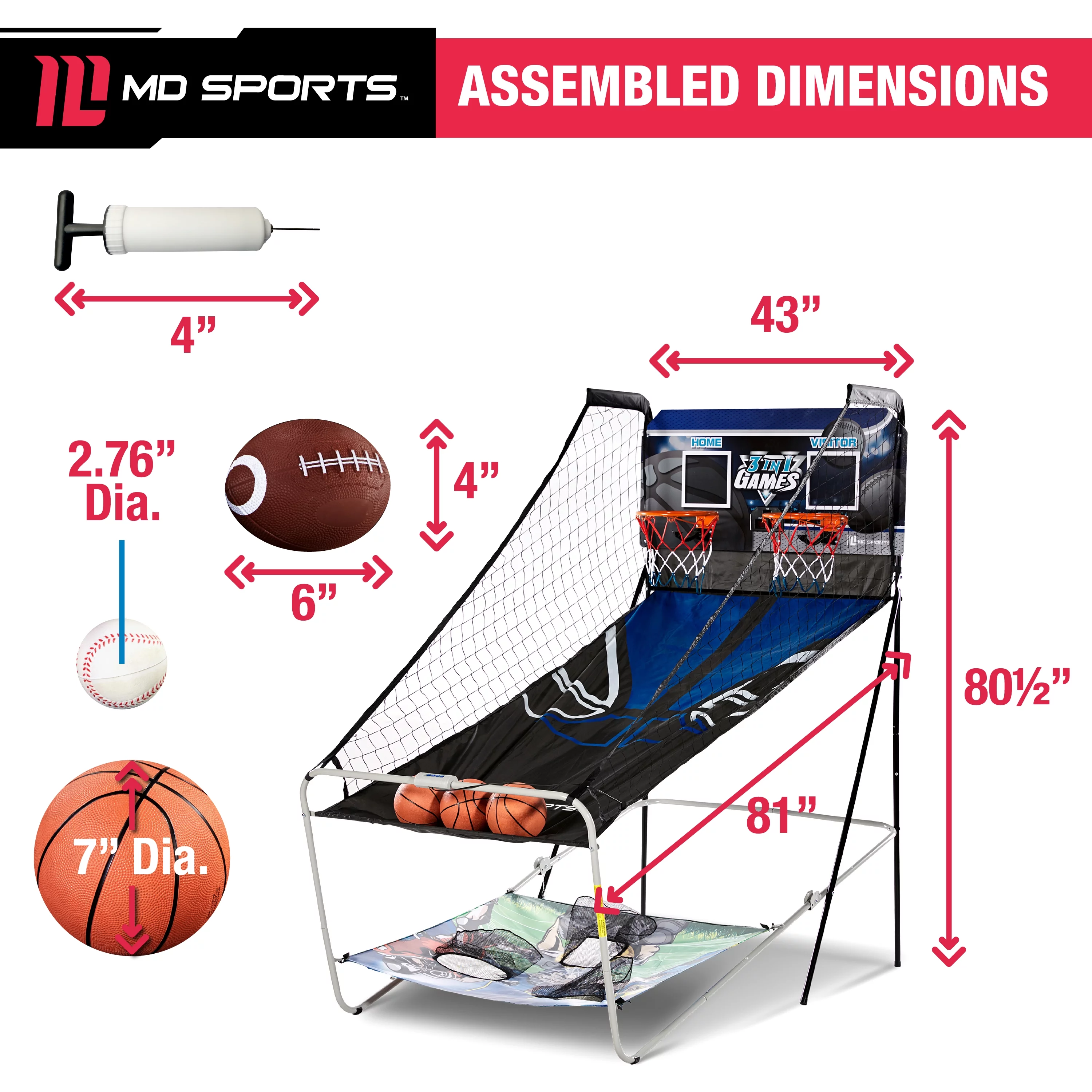 MD Sports 3 in 1 Basketball, Football, Baseball Game with LED Scoring System, 81 inch x 43 ibch x 80.5 inch