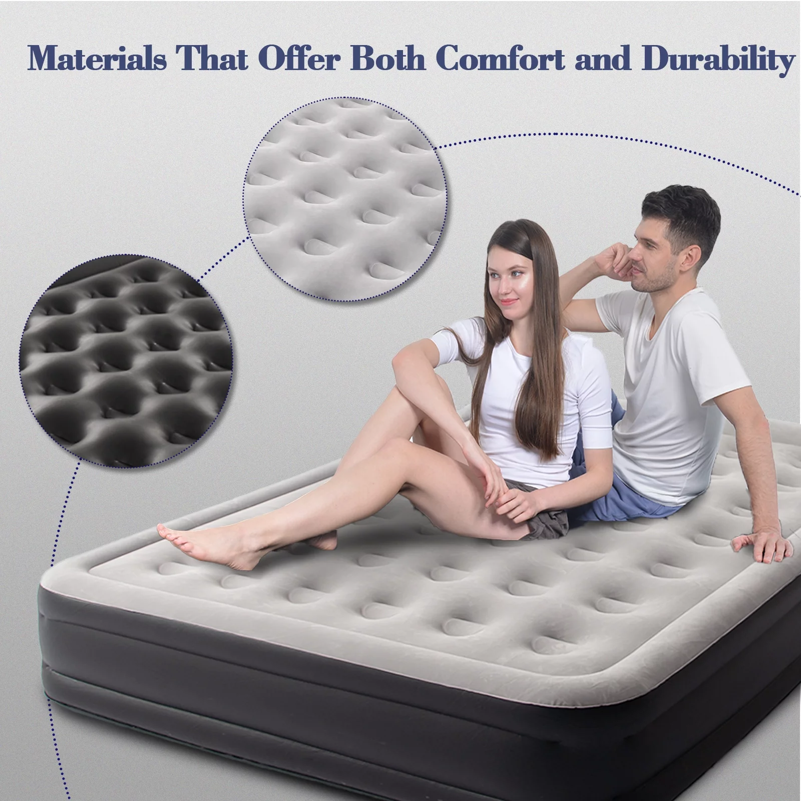 Honeydrill Queen Size Air Mattress 18.5″ AirBed Inflatable with Built-In Pump, Gray