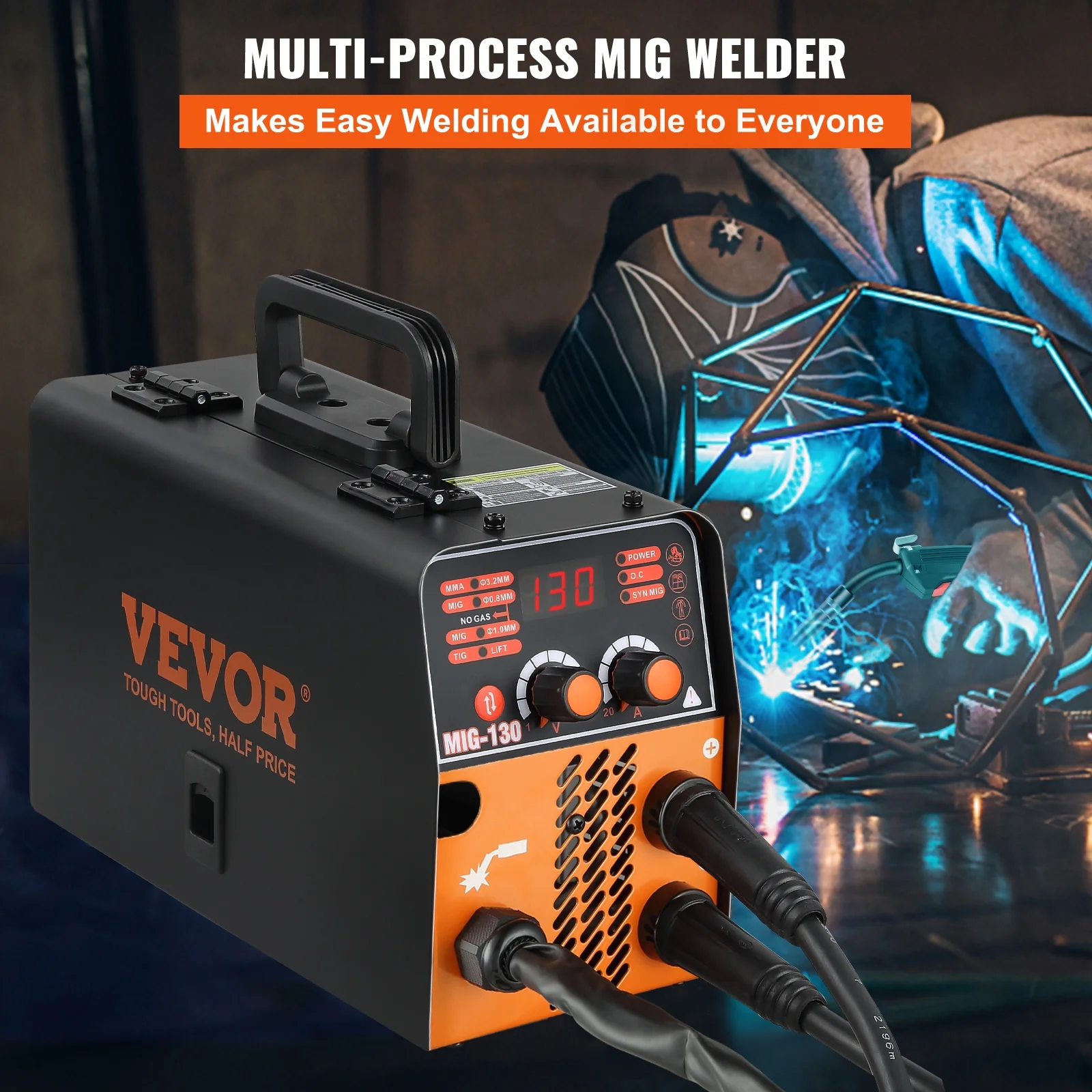 VEVORbrand MIG Welder, 130A Welding Machine, 3 in 1 Combo MMA/ MIG/ LIFT TIG Welder Machine, Flux Core Welder, MIG-130 Portable Welding Machine, mig welding equipment with 1 KG Welding Wire