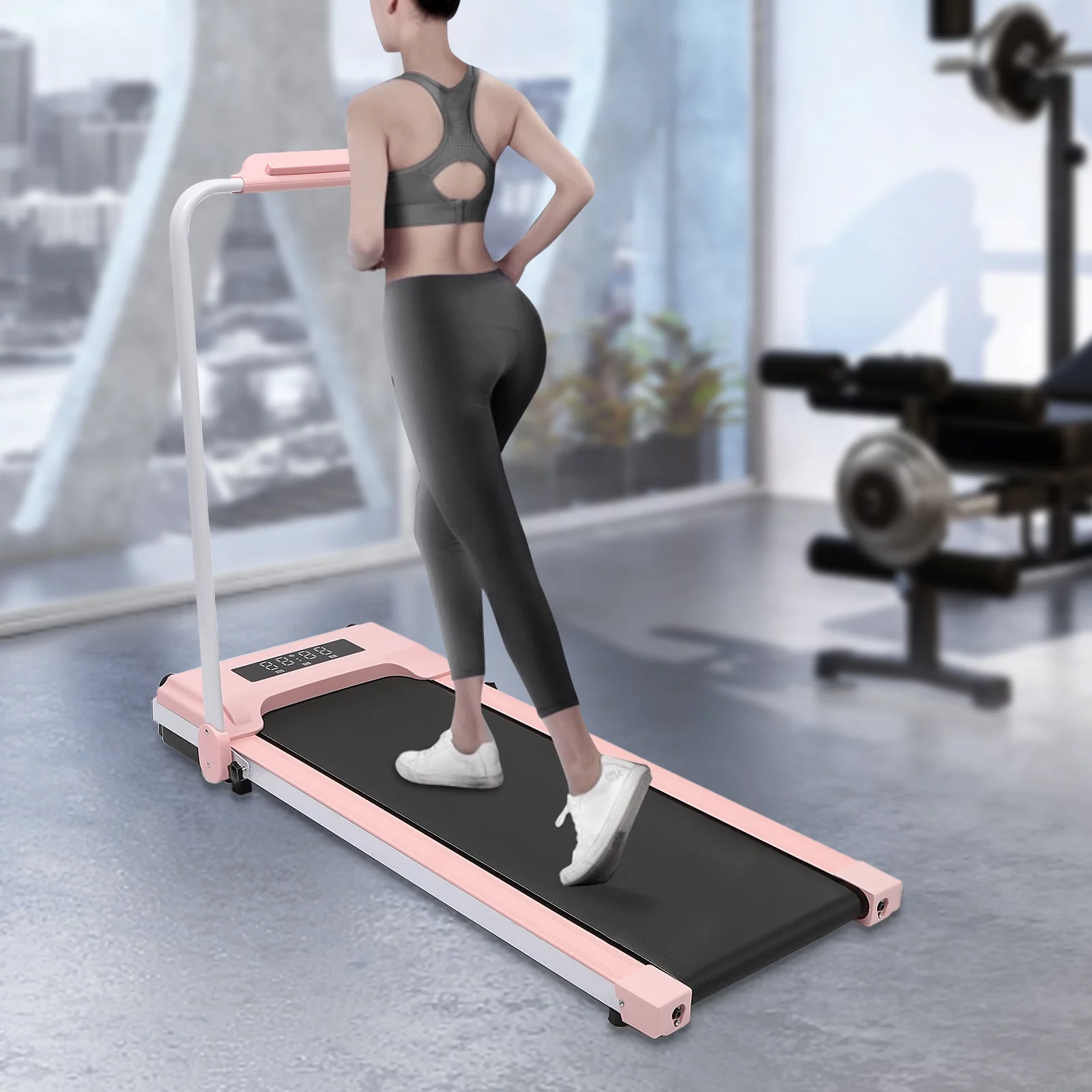 Electric 2HP Folding Treadmill, Desk Treadmill with Remote Control, Handrail and LED Display, Home Gym Walking Jogging Pad Black/Pink 22.83*48.03*43.3inch