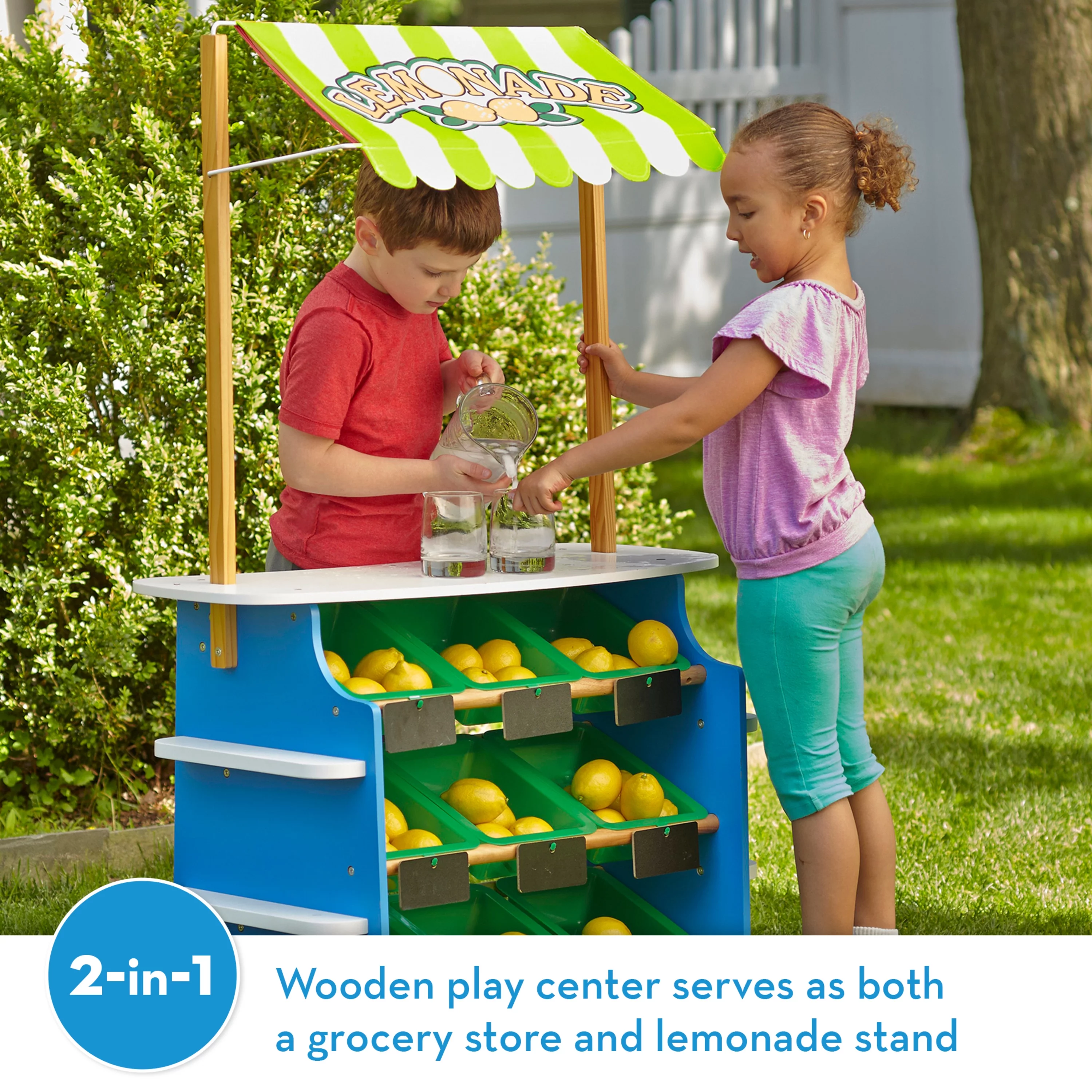 Melissa & Doug Wooden Grocery Store and Lemonade Stand – Reversible Awning, 9 Bins, Chalkboards