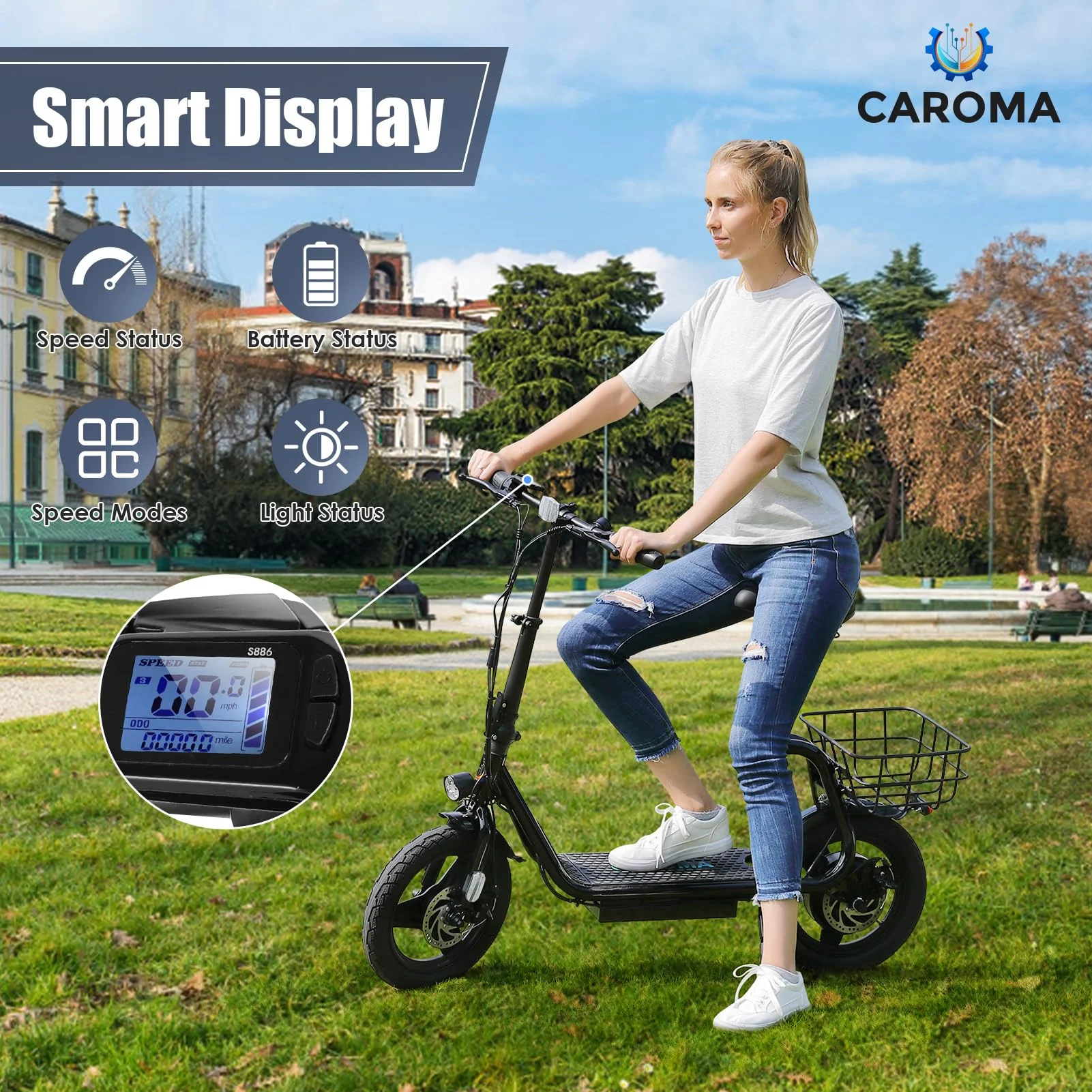 Caroma 500W Electric Scooter with Seat for Adult, 20 Mph Bike with Basket, 300lbs Max Load and 14″ Fat Tire E Mopeds