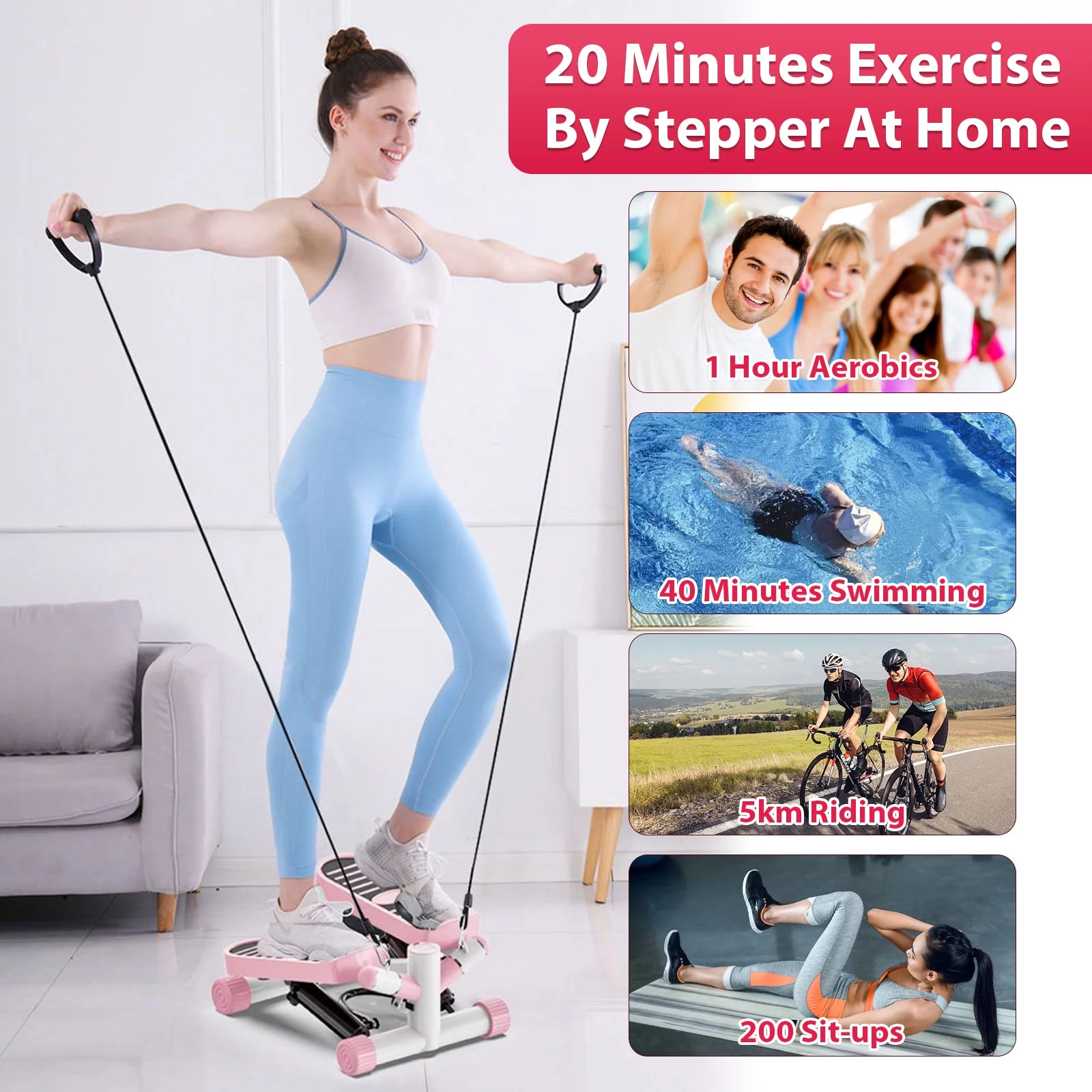 Jollebone Exercise Stepping Fitness Machine Portable Mini Stair Stepper Pink with Resistance Band