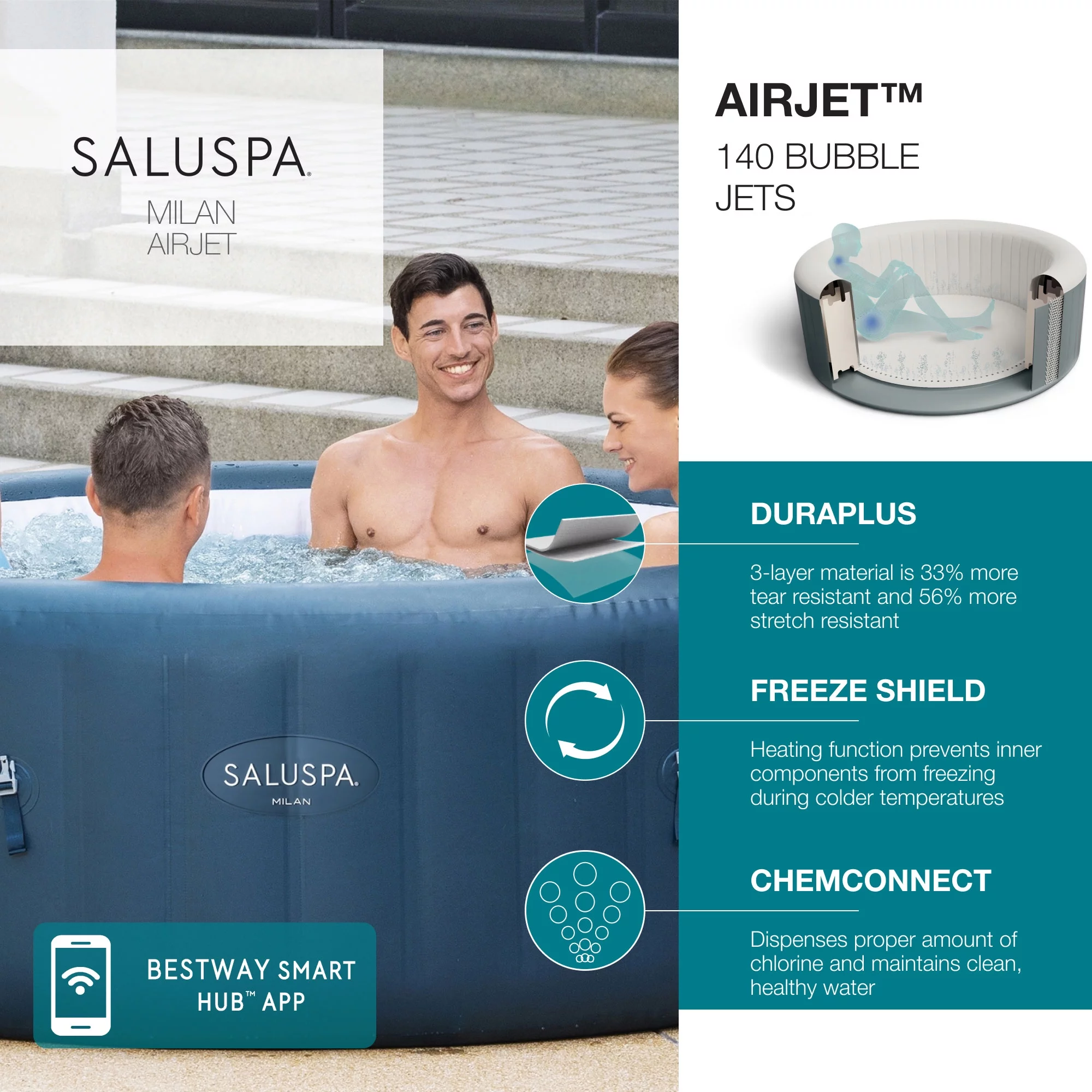 Bestway SaluSpa Honolulu AirJet Inflatable Hot Tub with 140 Jets, Gray