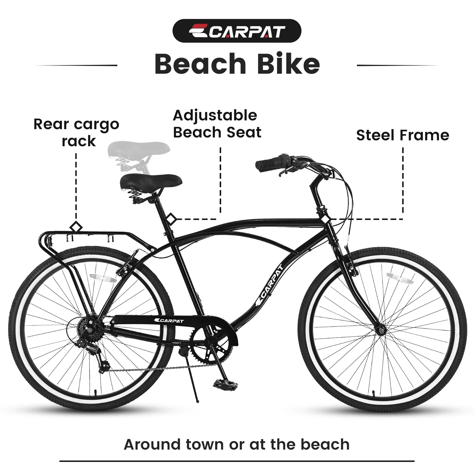 Adult Beach Cruiser Bike, 7 Speed Bicycles 26″ Wheels, Front and Rear Fenders for Men and Women