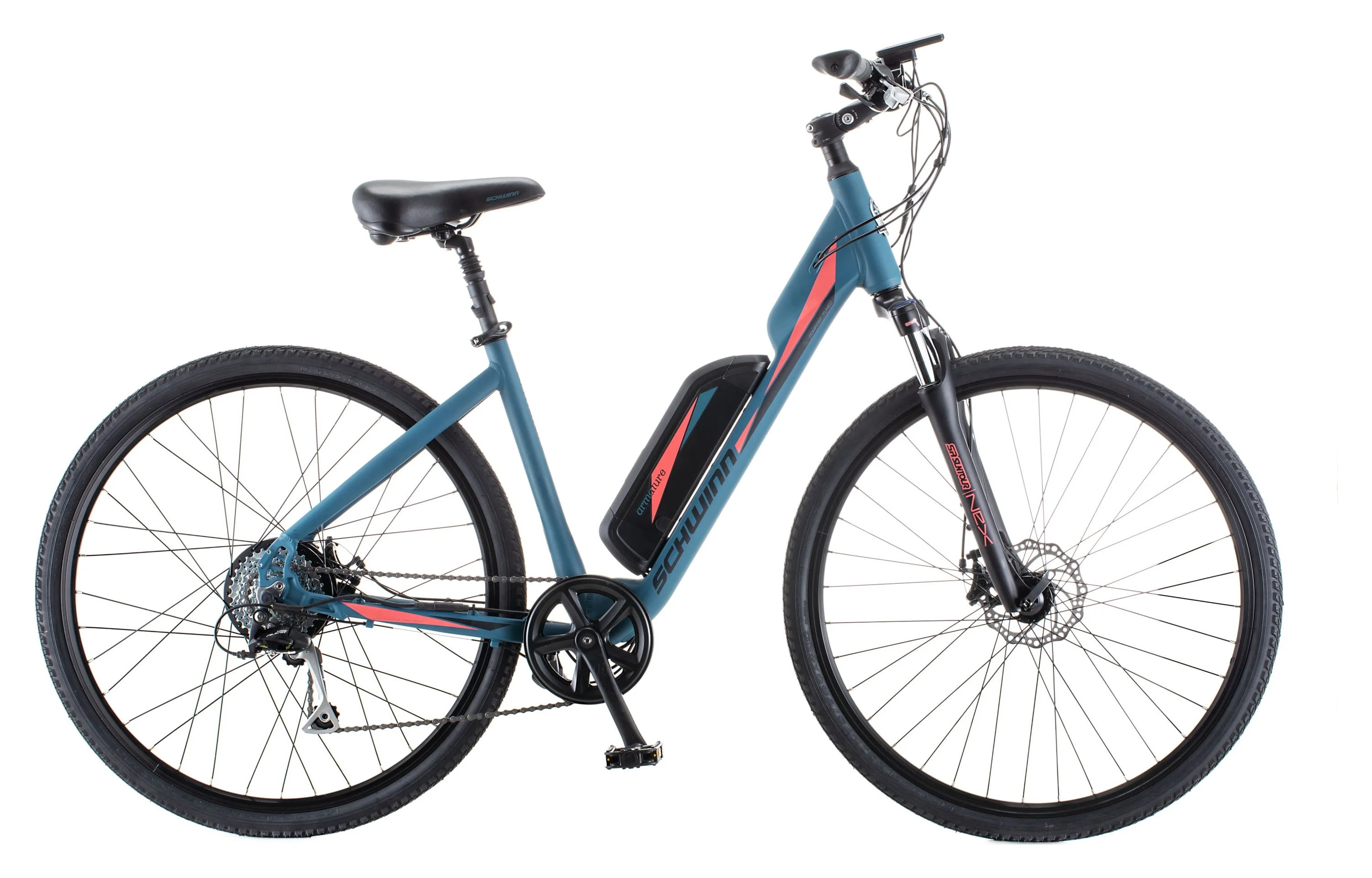 Schwinn 700c Armature Unisex Electric Bike for Adults, Blue, Medium Frame, Comfortable Ebike