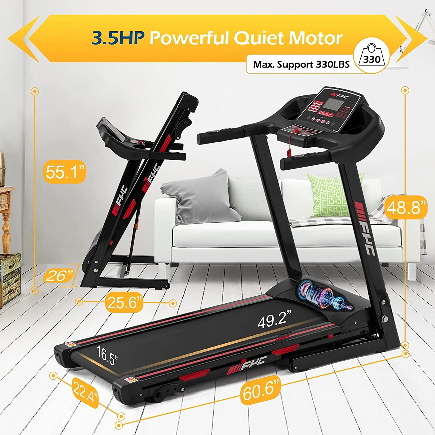 Folding Treadmill for Home – 330 LBS Weight Capacity Running Machine with Incline/Bluetooth, 3.5HP 16KM/H Max Speed Foldable Electric Treadmill Easily Assembly, Home Gym Workout Exercise