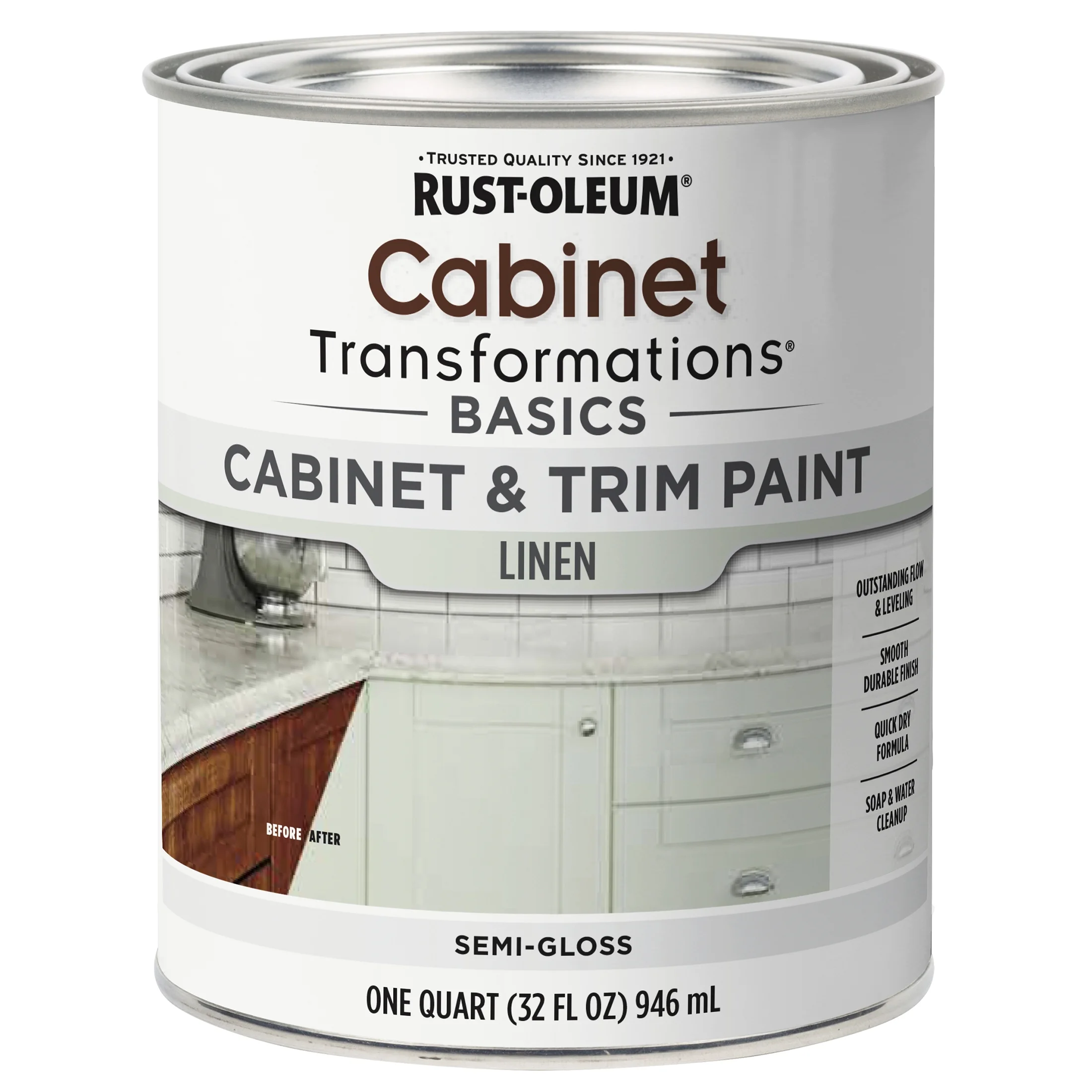 Pure White, Rust-Oleum Transformations Semi-Gloss Cabinet & Trim Paint-372007, Quart