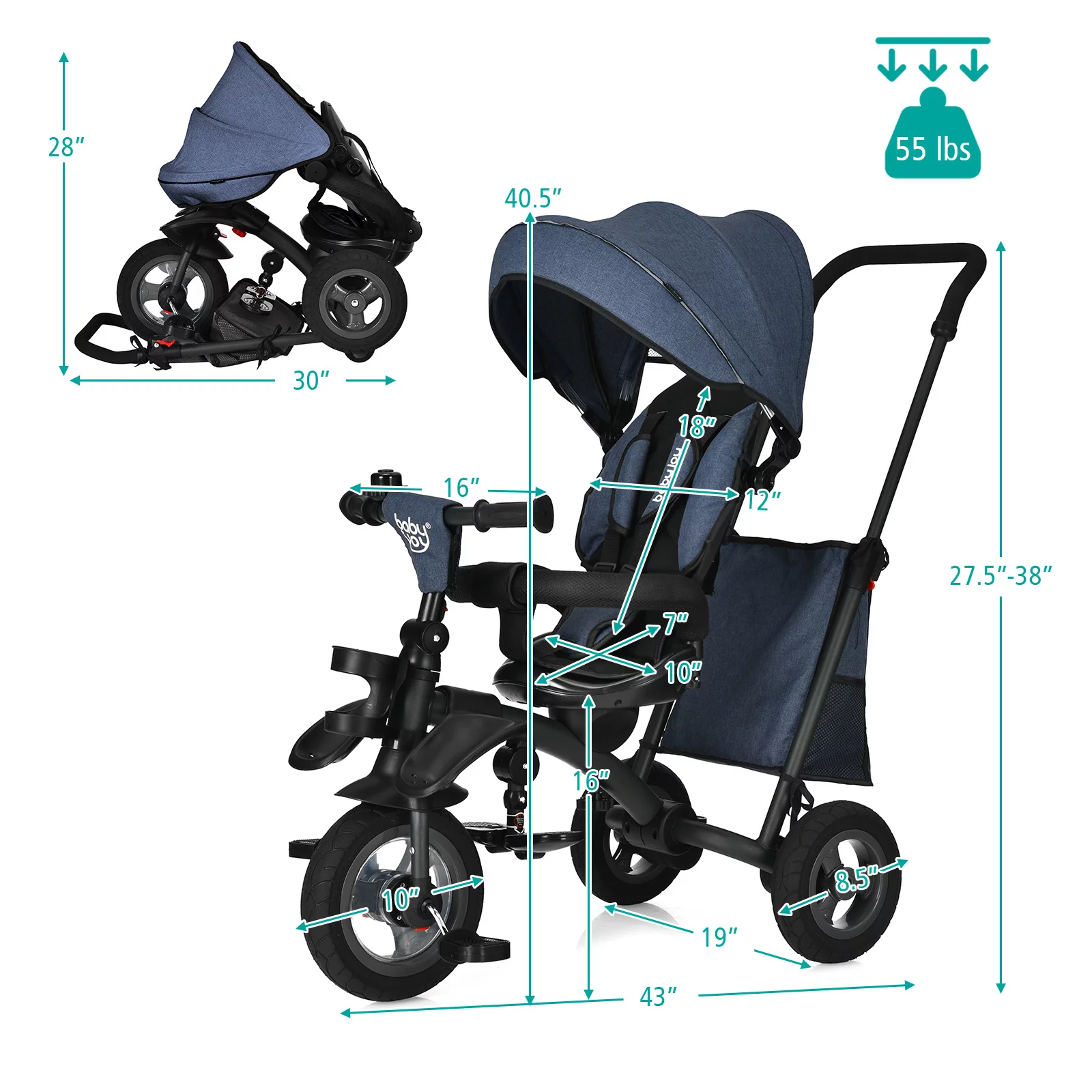 Infans 7-In-1 Kids Baby Tricycle Folding Steer Stroller w/ Rotatable Seat Blue