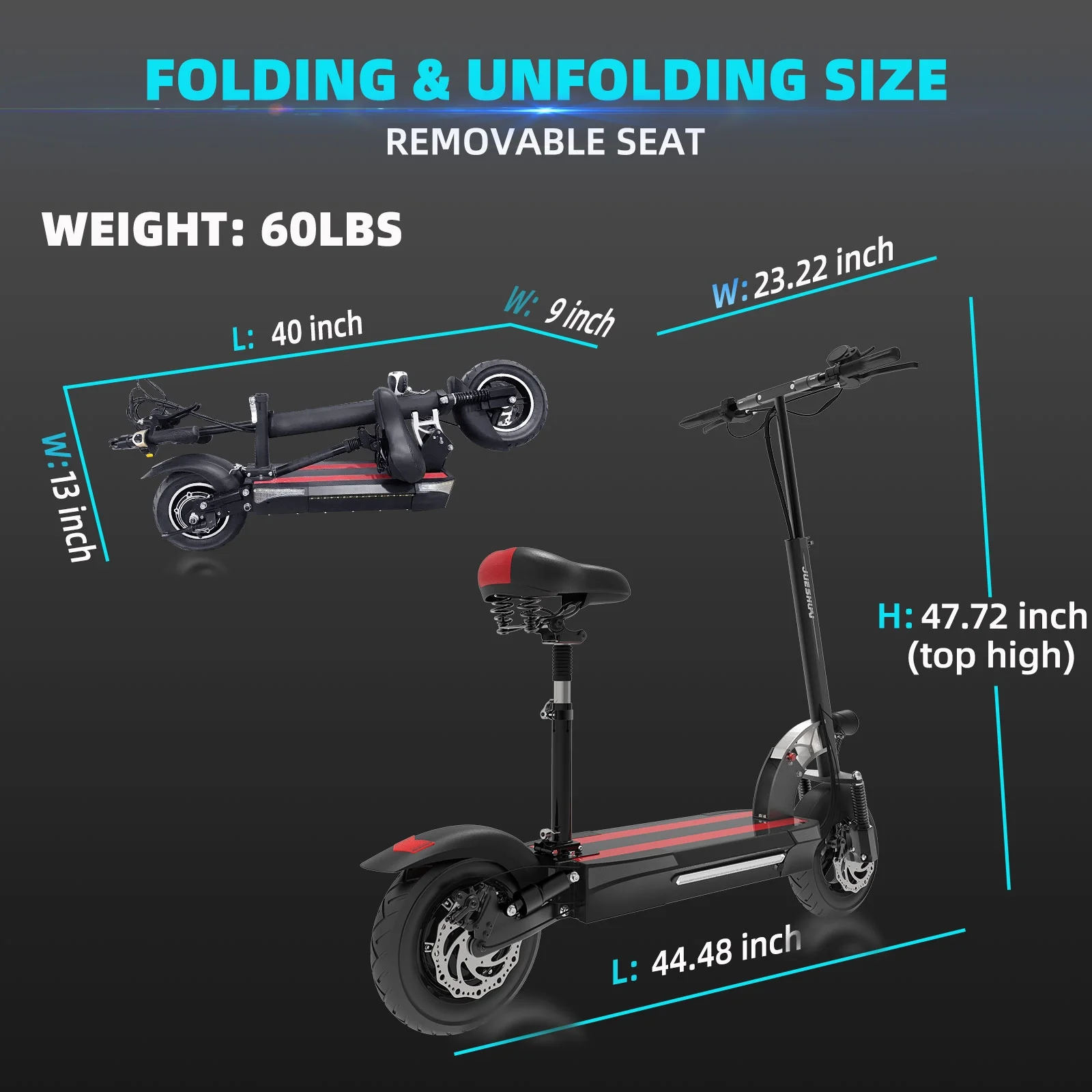 JUEJING 60Miles Long Range Electric Scooter with Seat for Adult ,35 MPH Speed,10 inch Street Tire