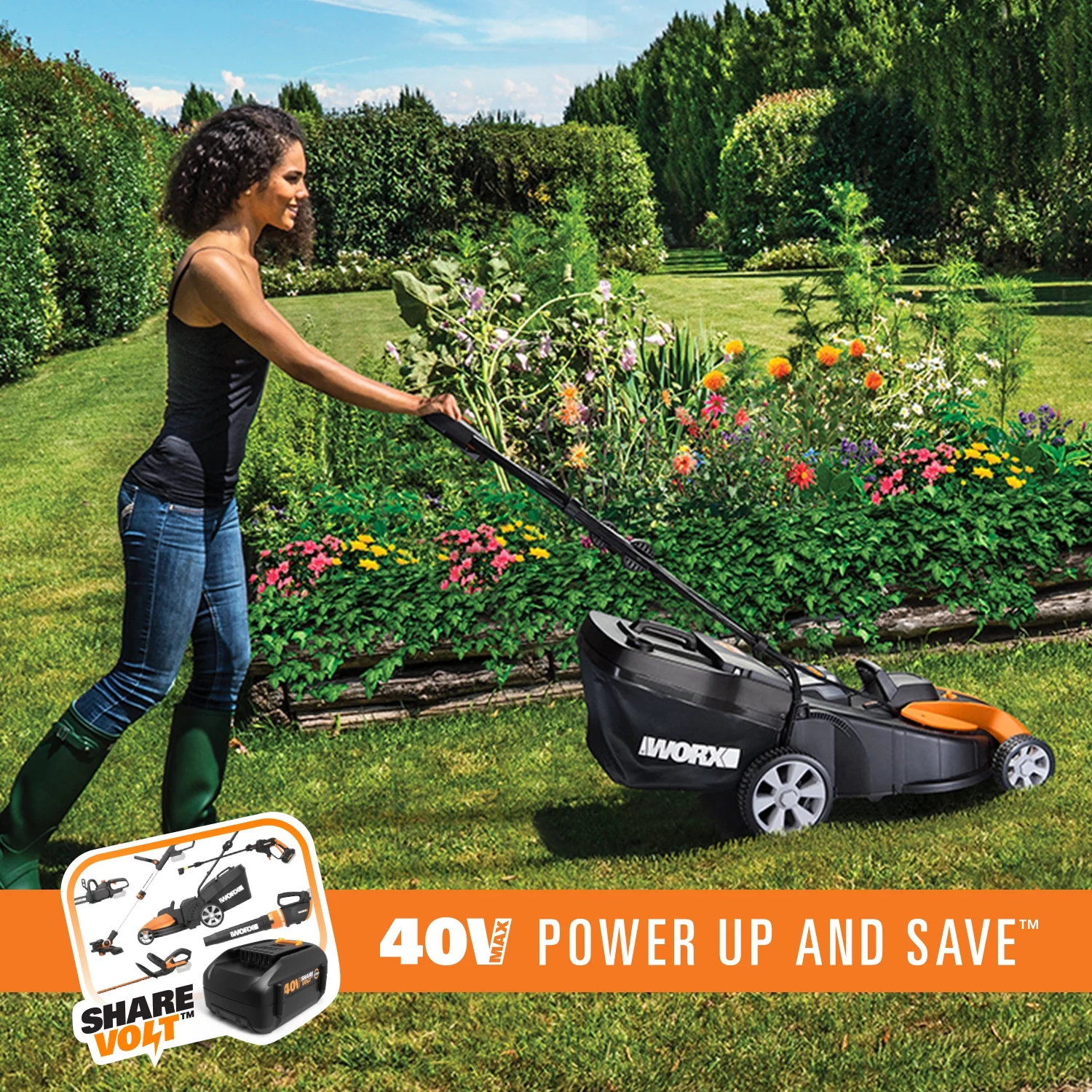 WORX WG750 40V LAWNMOWER WITH INTELLICUT, SINGLE-LEVER HEIGHT ADJUSTMENT AND TWO (2) MAXLITHIUM BATTERIES