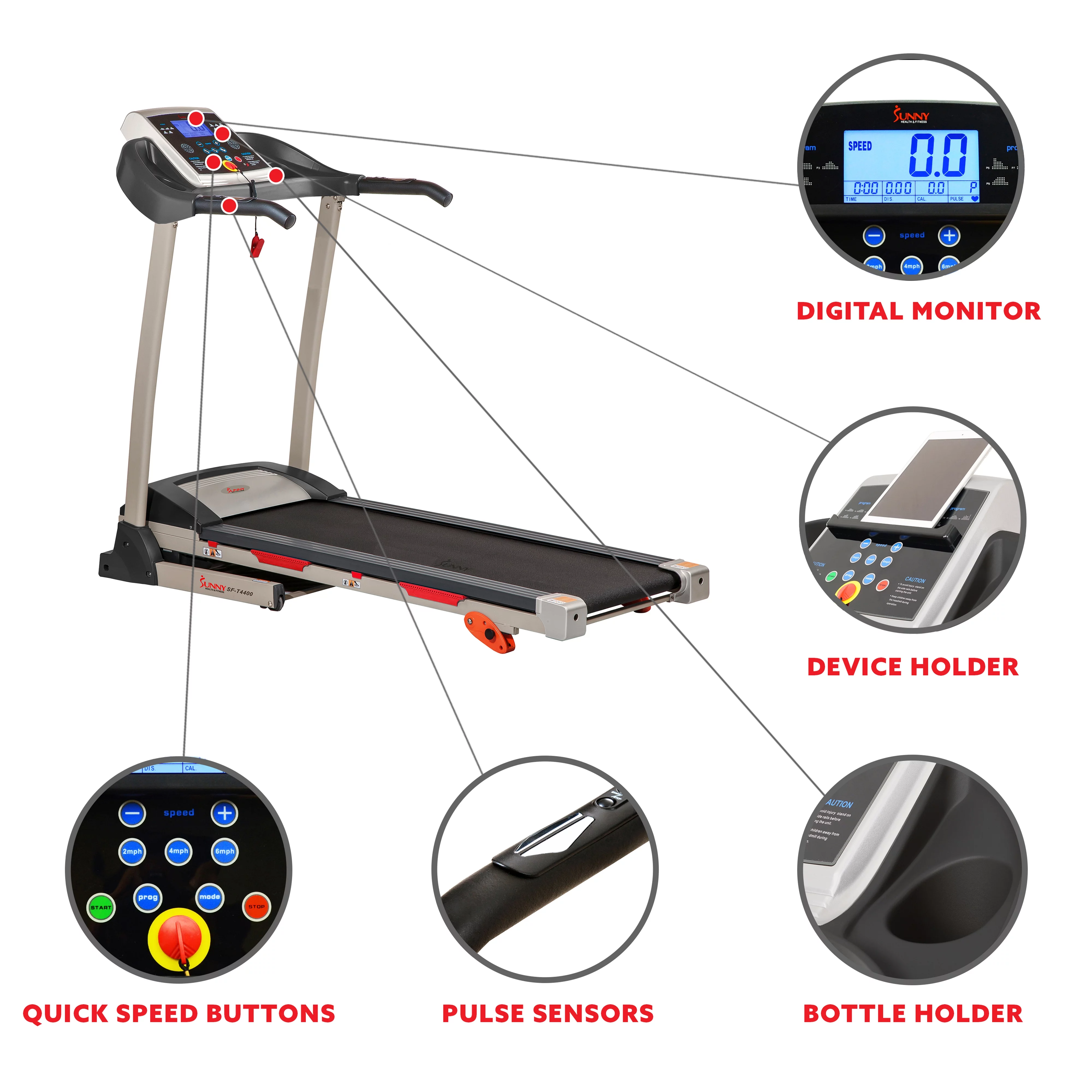 Sunny Health & Fitness Treadmill with Manual Incline, Pulse Sensors, Folding, LCD Monitor for Exercise SF-T4400