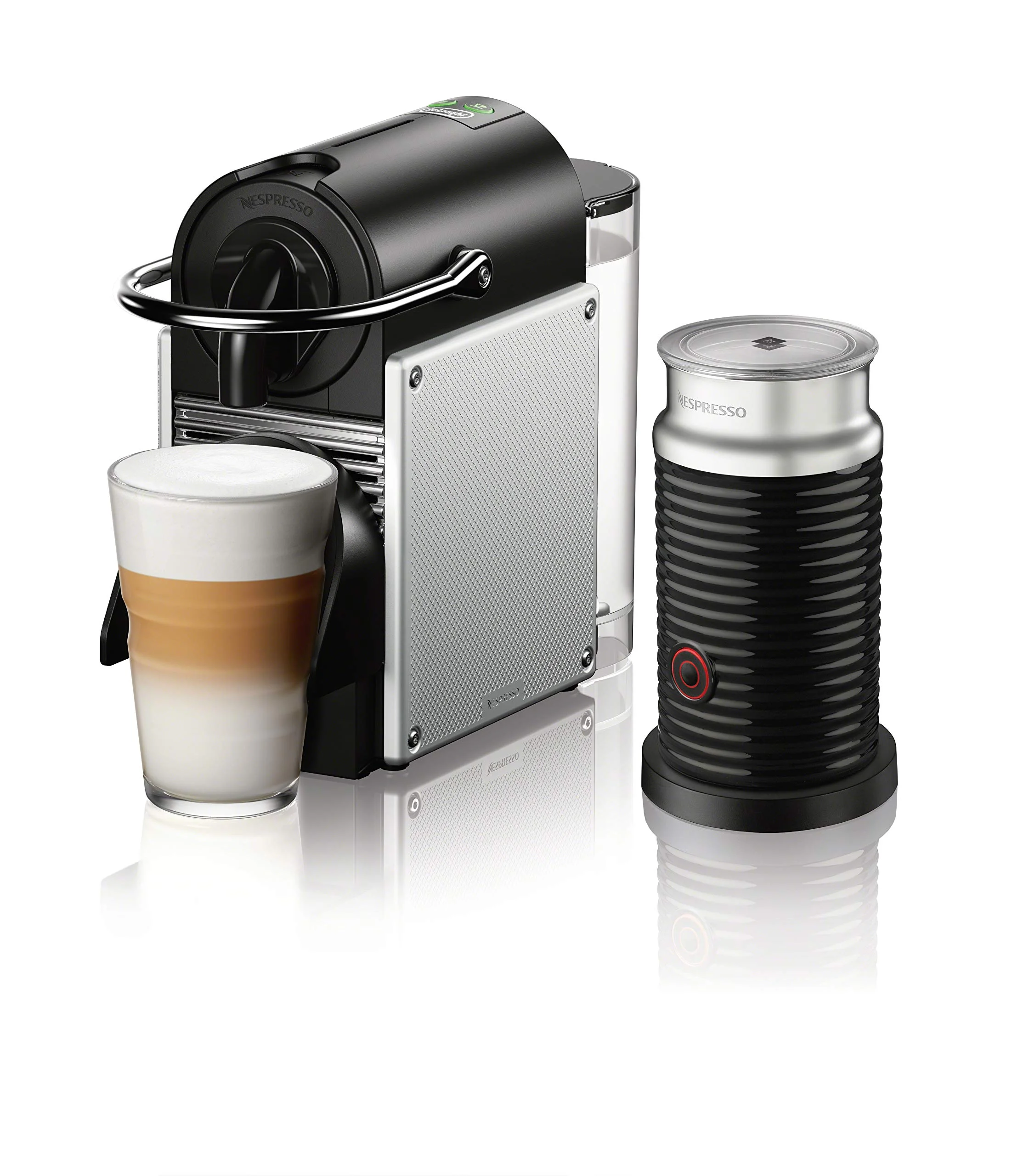 Nespresso by De’Longhi Pixie Single-Serve Espresso Machine with Simplified Water Tank in Aluminum and Aeroccino Milk Frother in Black