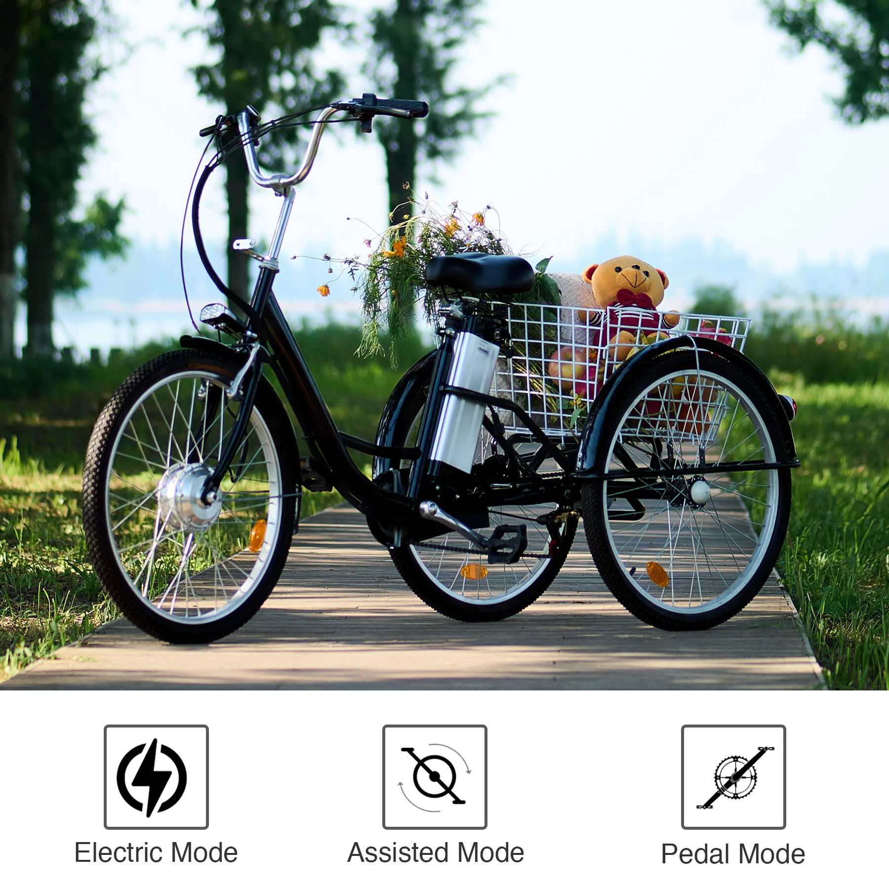 VIRIBUS 26 Inch Electric Trike Bike for Adults 36V 3 Wheel Electric Bicycle for Women Men,White