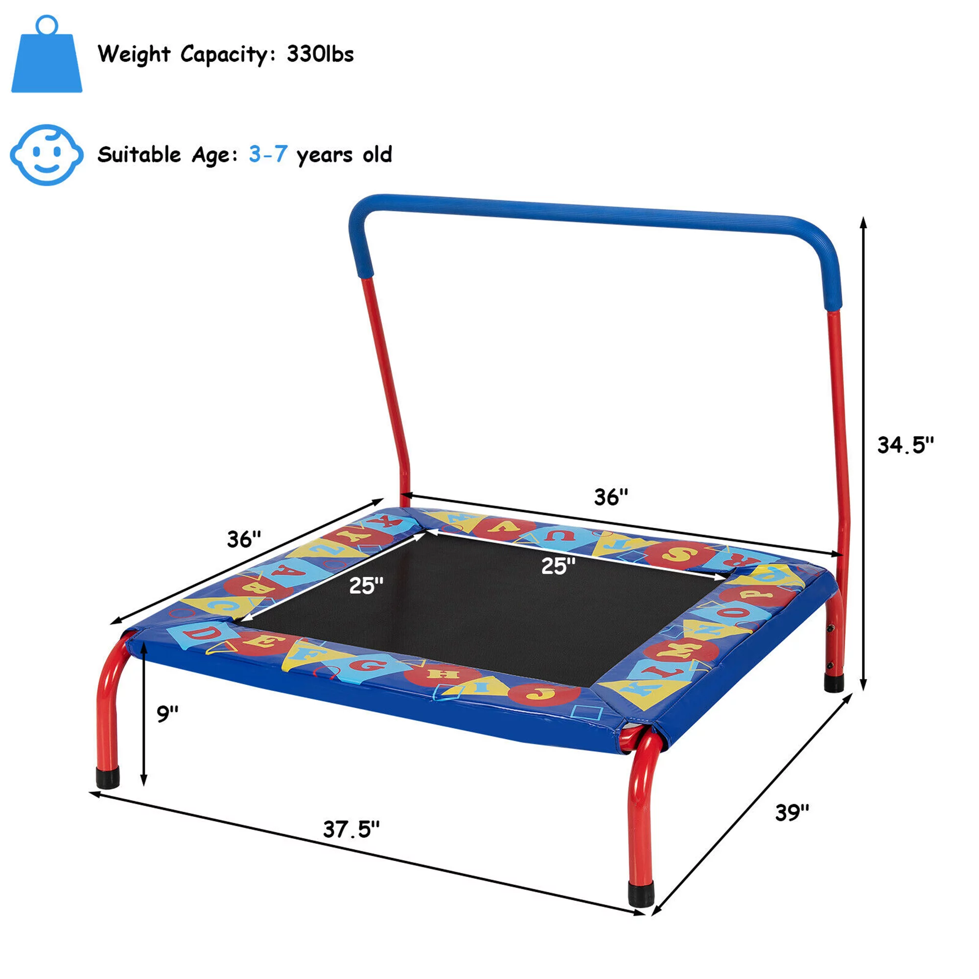 Gymax 36” Kids Square Trampoline Indoor Outdoor Rebounder W/Foam Handrail Alphabet Pad