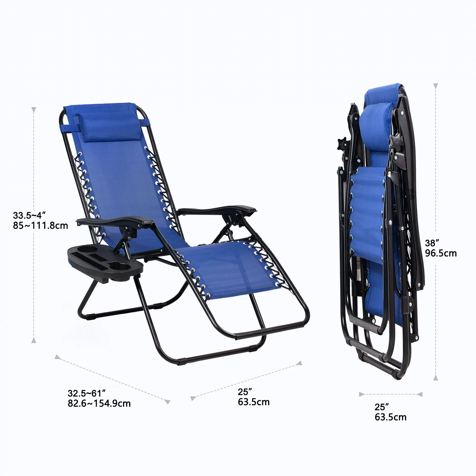 Nazhura Set of 2 Relaxing Recliners Patio Chairs Adjustable Steel Mesh Zero Gravity Lounge Chair Recliners with Pillow and Cup Holder (Navy Blue)