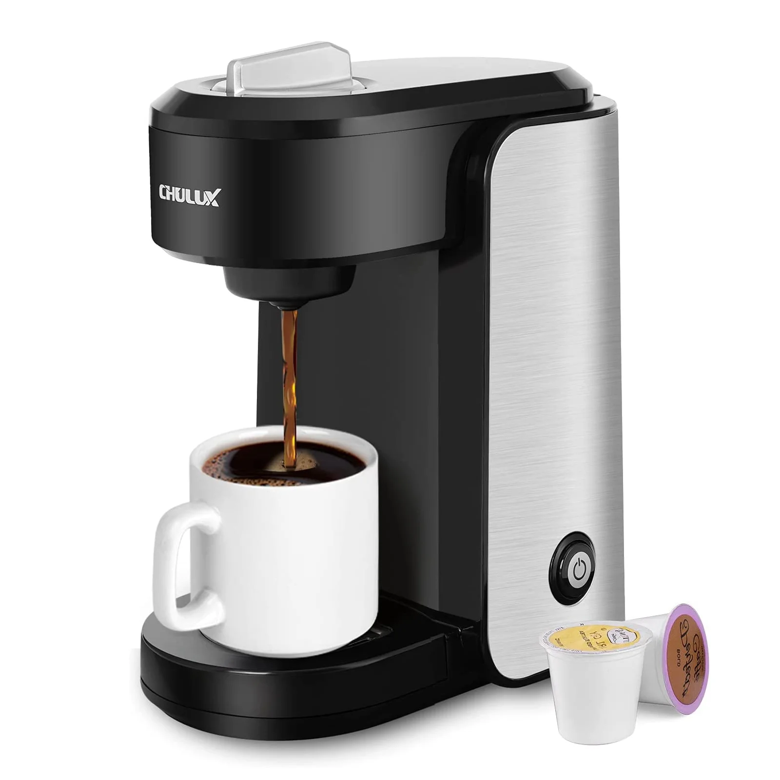 CHULUX 1000W Single Serve Coffee Maker, Stainless Steel One Cup Coffee Maker for K Cup & Ground Coffee, Fast Brewing, New