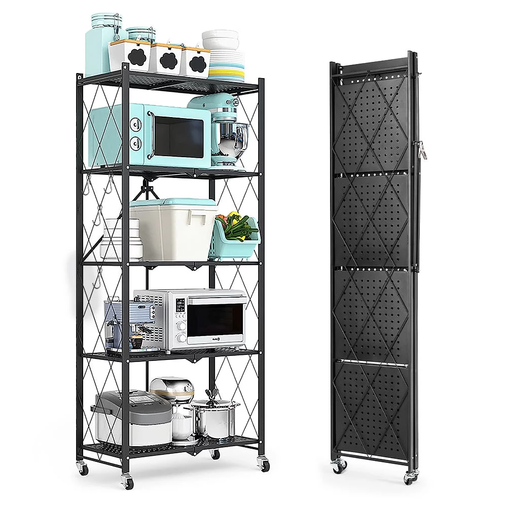 COOKCOK 5-Tier Storage Shelving Unit, Metal Shelf 27.9″x13.4″x62.5, Foldable Storage Shelf with Wheels, Garage Shelf, Metal Storage Rack, Kitchen Shelf with 4 Hooks, No Assemble Require