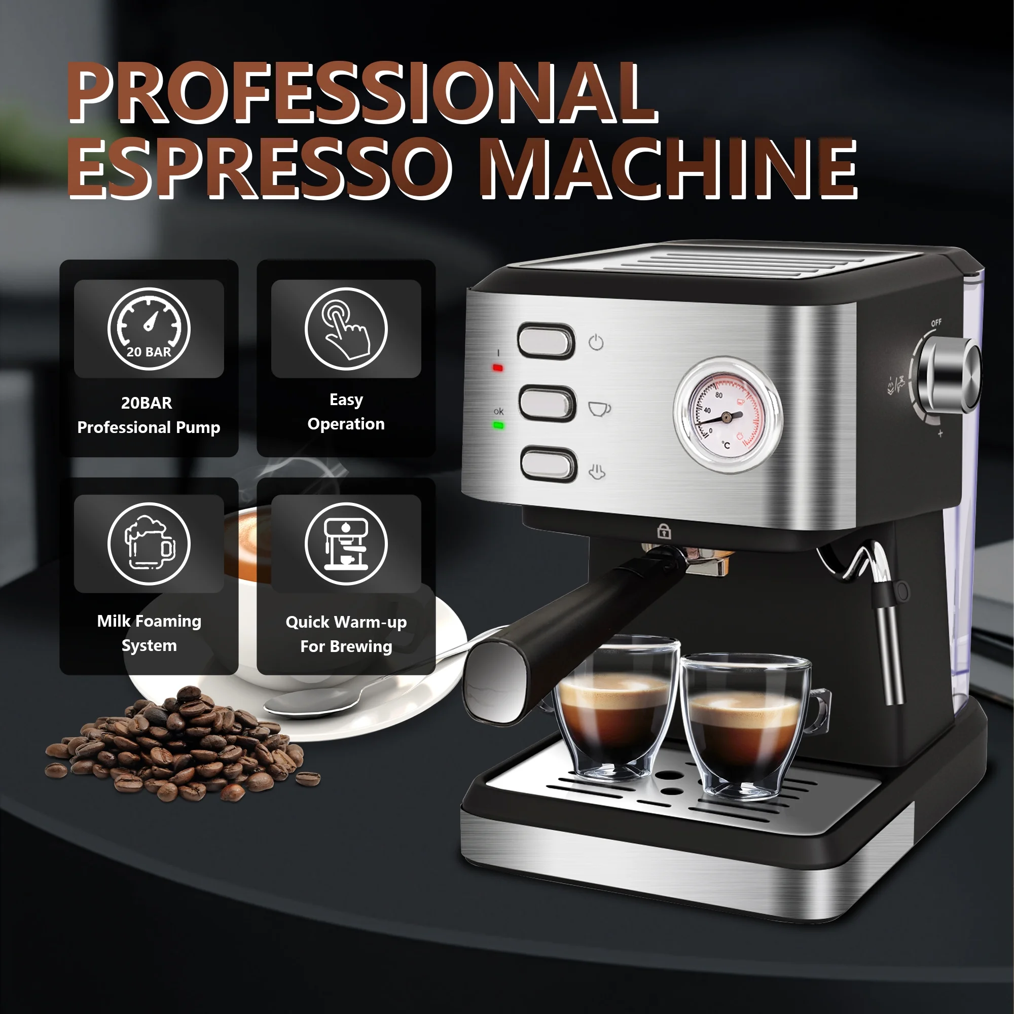 Espresso Machine 20 Bar, 1.5L Water Tank Pressure Gauge Milk Frother Steam Coffee Maker, Silver