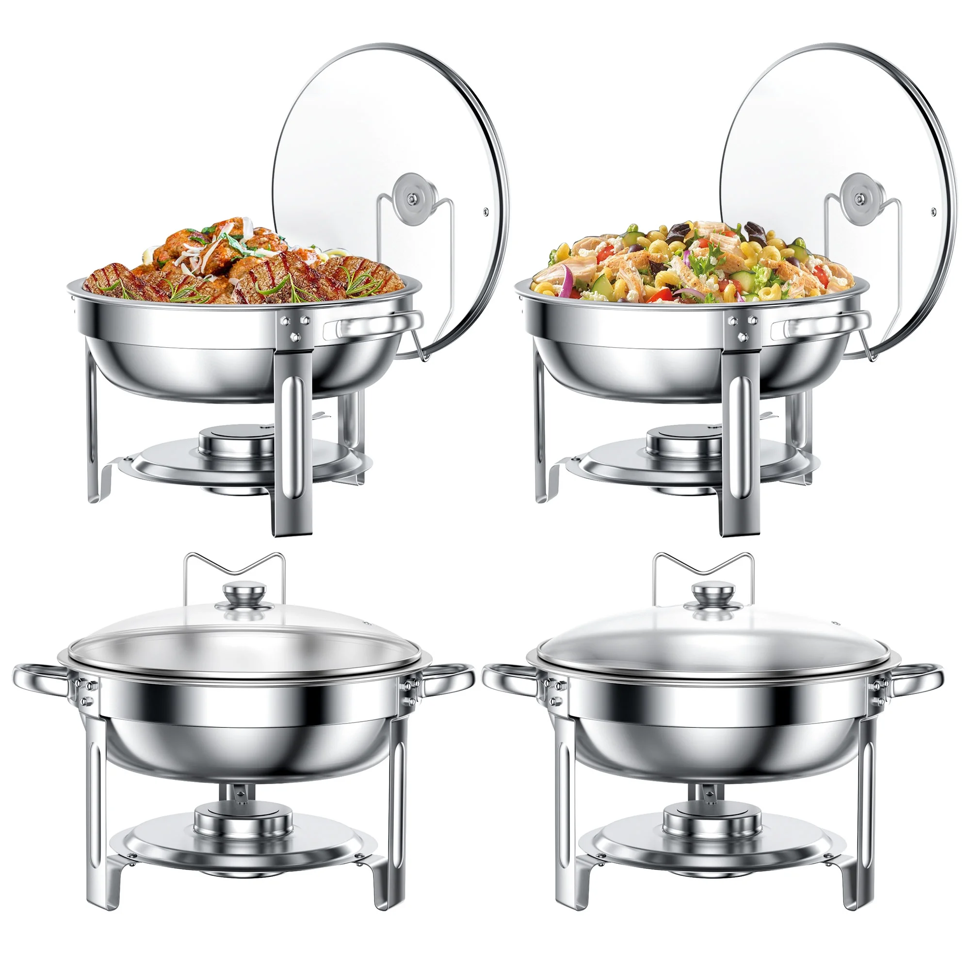 Chafing Dish Buffet Set 2 Pack, TINANA 5QT Stainless Steel Chafing Dishes for Buffet with Glass Lid & Lid Holder, Round Chafers and Buffet Warmers Sets for Parties, Events, Wedding, Camping, Dinner