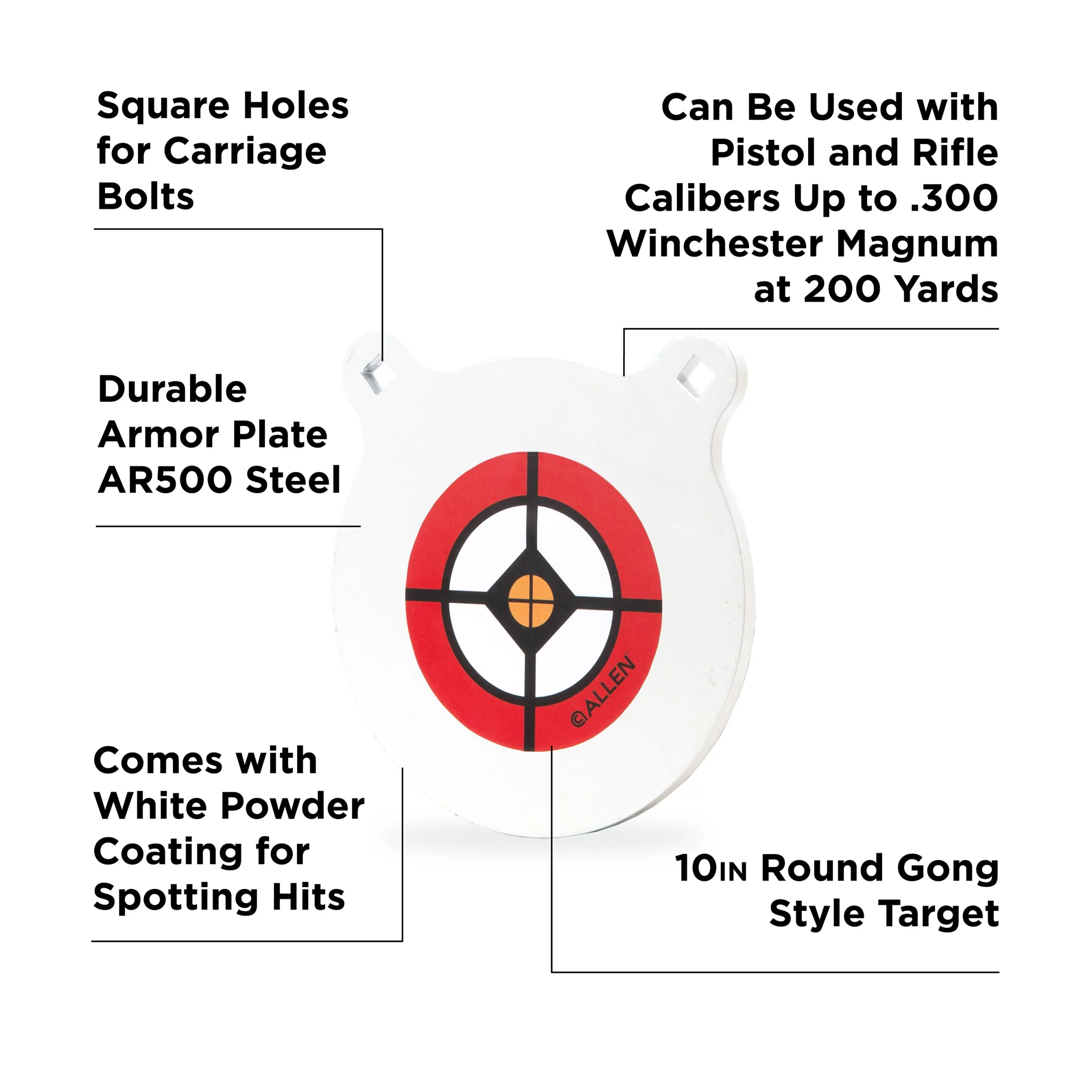 Allen Company 10″ Round Steel Plate Shooting Target, Ar500 Armor Plate, White/Red, Square Holes for Carriage Bolts