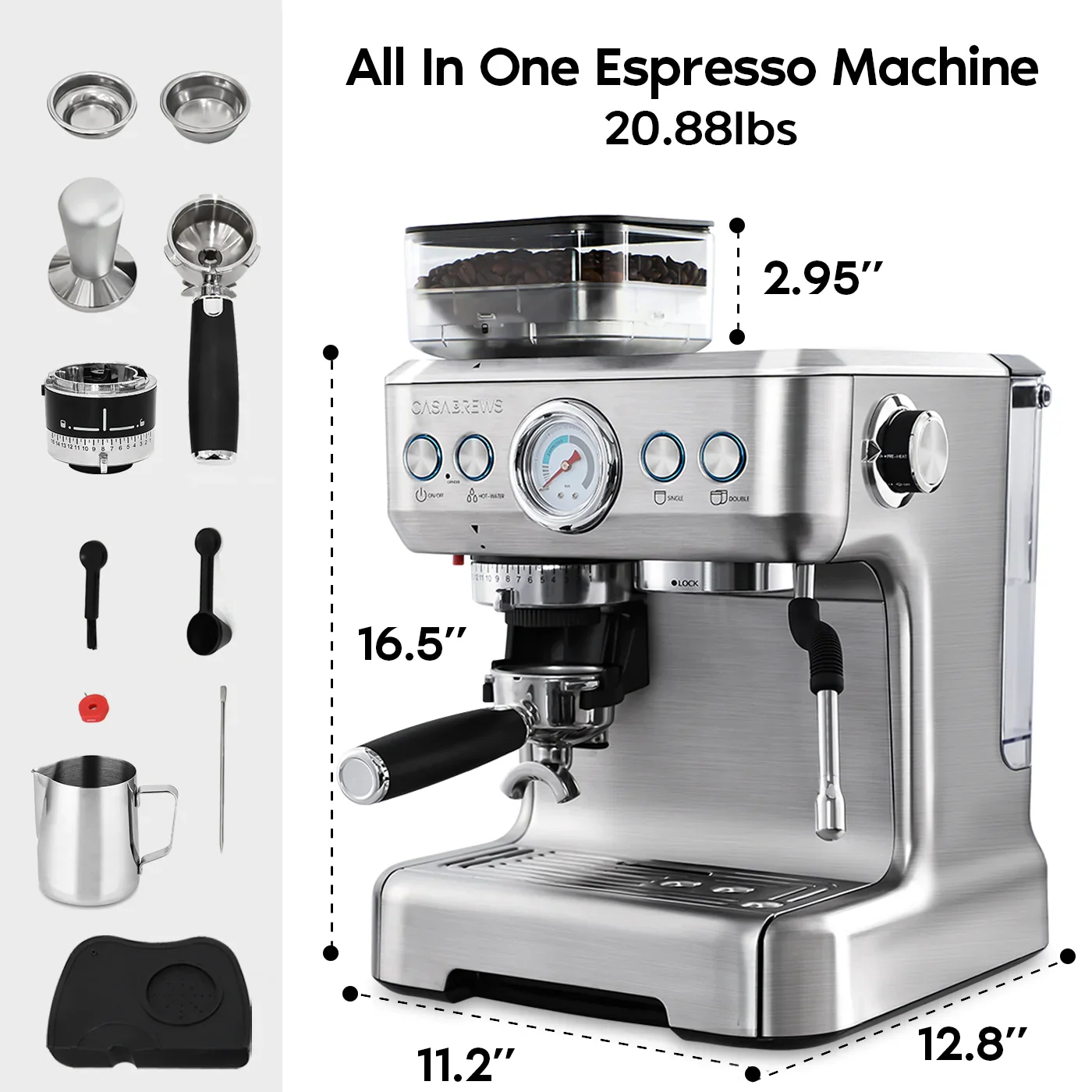 Casabrews 20 Bar Espresso Machine with Milk Frother Steam Wand, Cappuccino Machine with Grinder, Silver