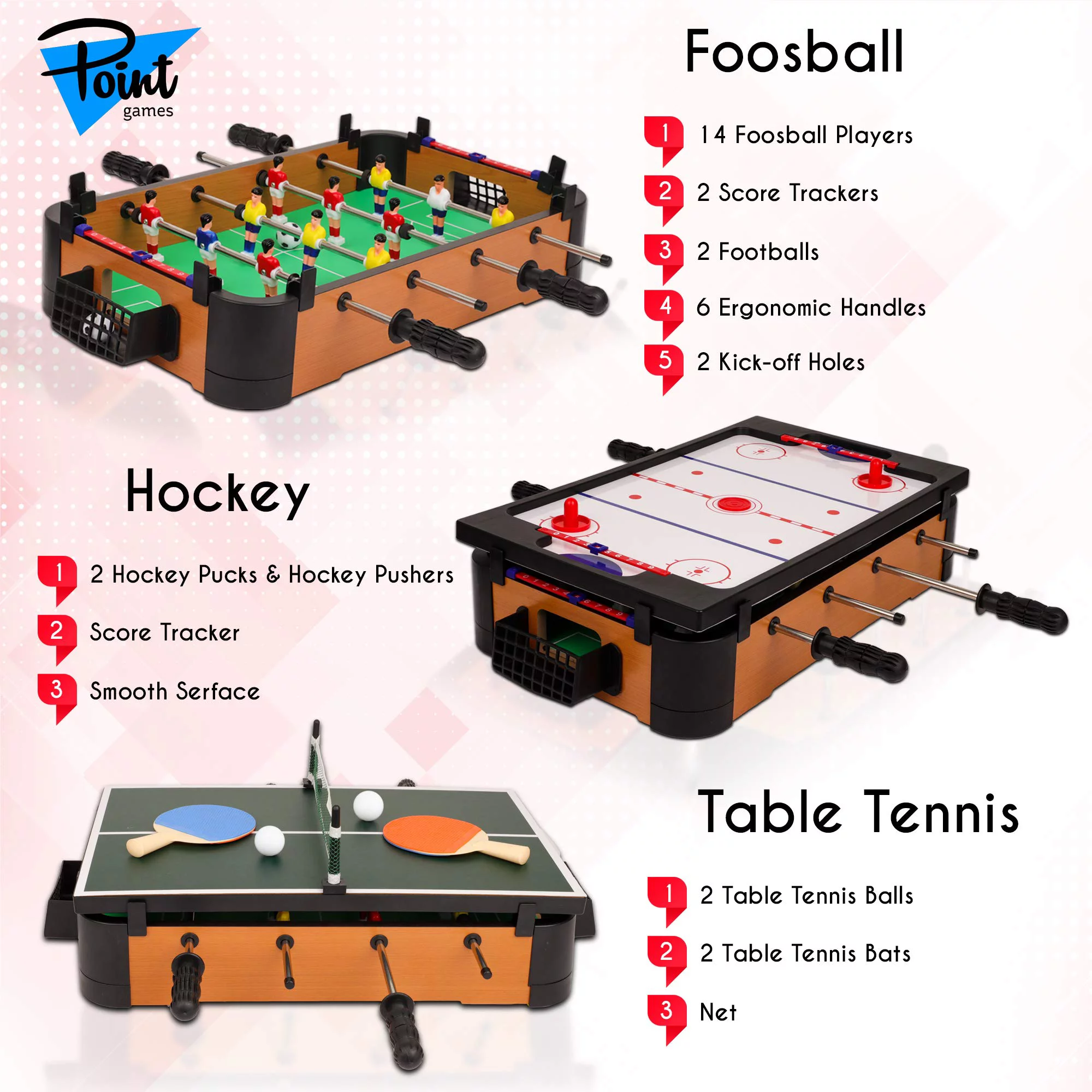 Point Games 3 in 1 Small Multi Game Set, Foosball, Air Hockey, Table Tennis – Portable Mini Arcade Table for Easy Carry – Perfect Arcade Gift for Children – Recommended Age 3+