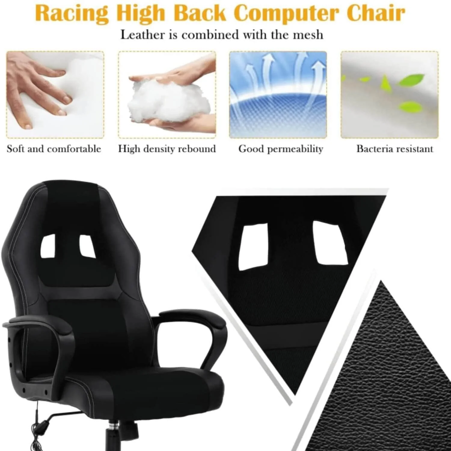 Dkelincs Gaming Chair Massage Computer Chair Ergonomic Video Game Chairs, Adjustable Office Desk Chair with Lumbar Support & Armrest for Teens & Children, Black