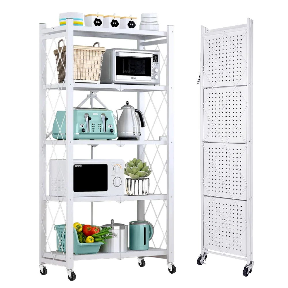 COOKCOK 5-Tier Storage Shelving Unit, Metal Shelf 27.9″x13.4″x62.5, Foldable Storage Shelf with Wheels, Garage Shelf, Metal Storage Rack, Kitchen Shelf with 4 Hooks, No Assemble Require