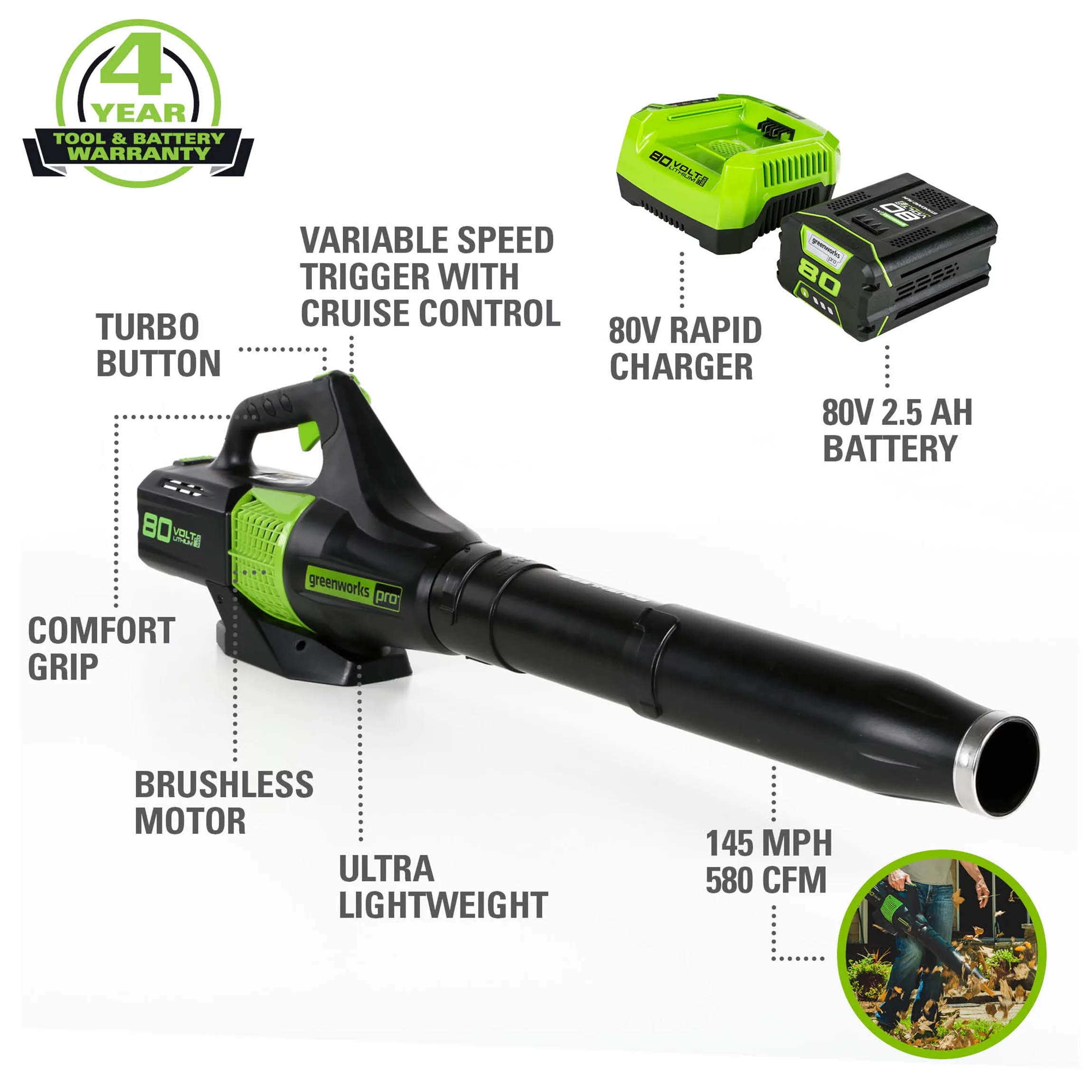 Greenworks 80V 580 Cfm at 145 Mph Brushless Leaf Blower with 2.5 Ah Battery & Charger 2404602