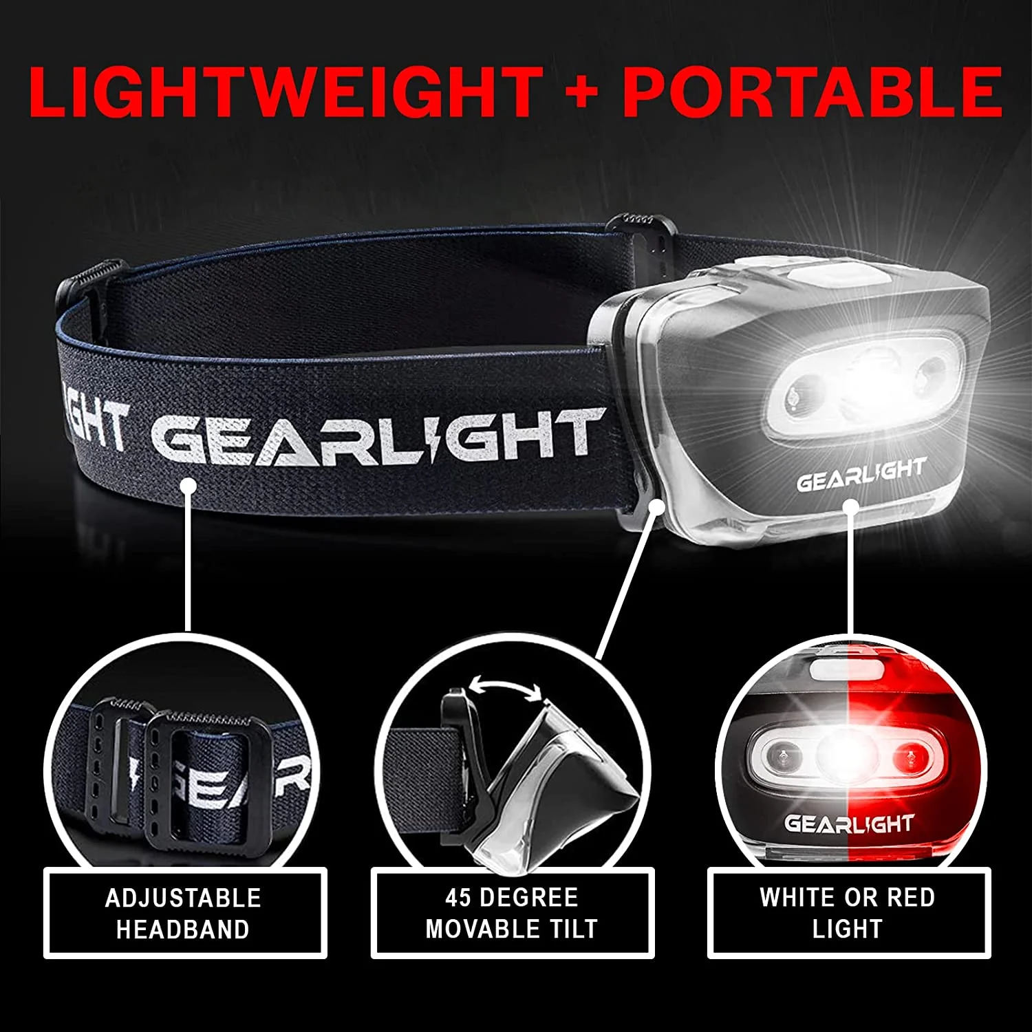 GearLight S500 LED Head Lamp – Outdoor Flashlight Headlamps w/ Adjustable Headband for Adults and Kids, Pack of 2