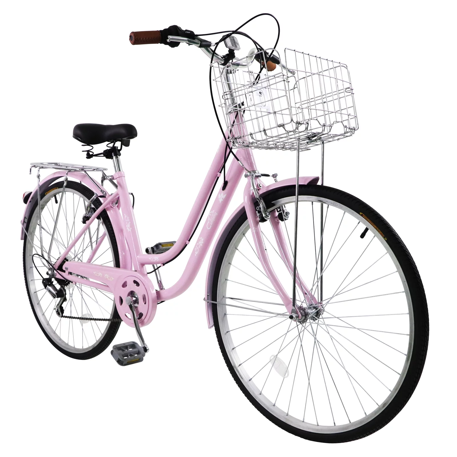 UBesGoo 26 inch Commuter Bicycle, with Shimano 7-speed, Baskets, for Leisure Picnics & Shopping, Pink