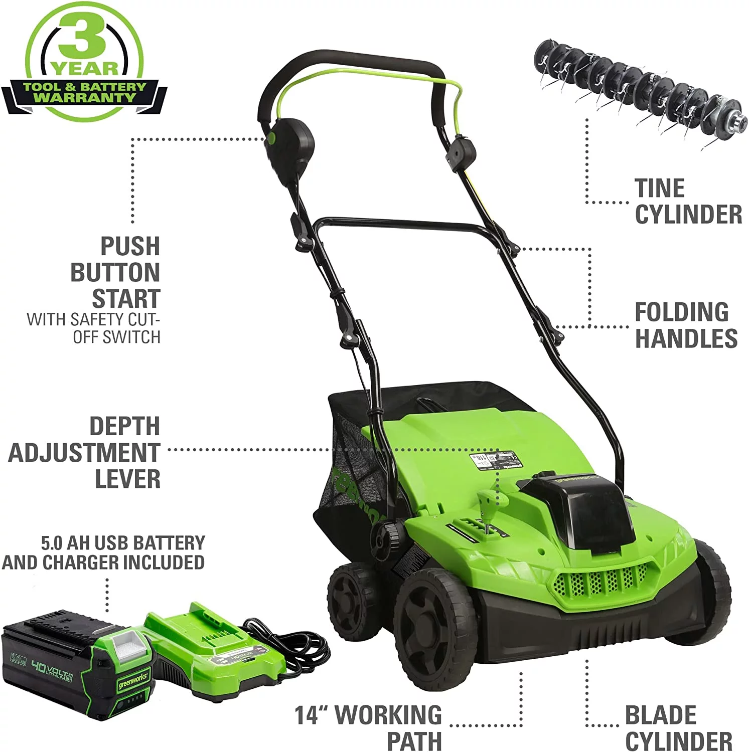 Greenworks 40V (2-In-1) Dethatcher / Scarifier, 5Ah USB Battery and Rapid Charger Included, DT40B510