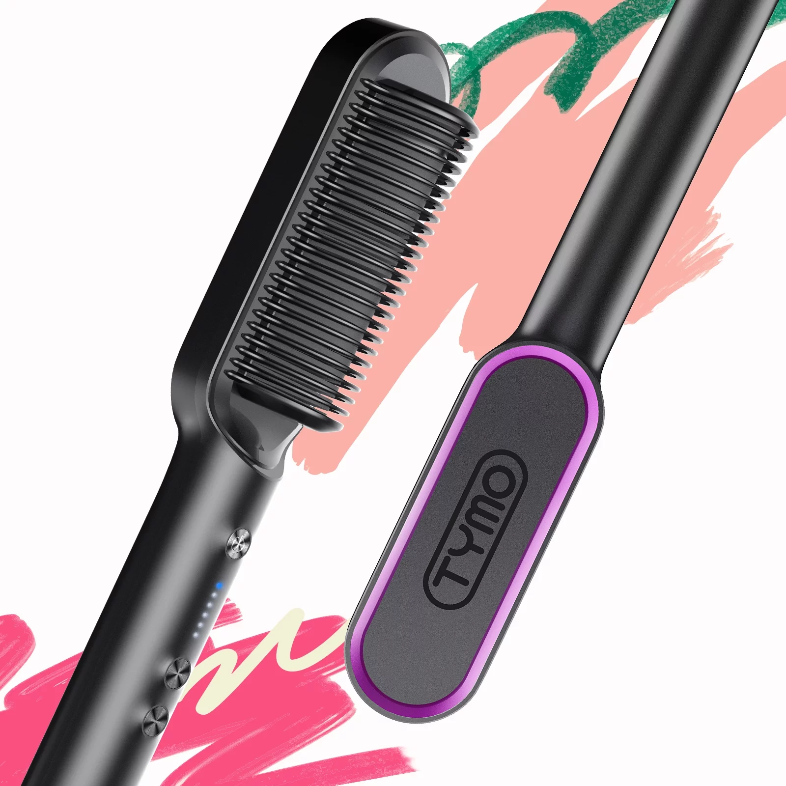 TYMO RING Hair Straightener Brush Black ?C Hair Straightening Iron with Built-in Comb, 20s Fast Heating & 5 Temp Settings & Anti-Scald