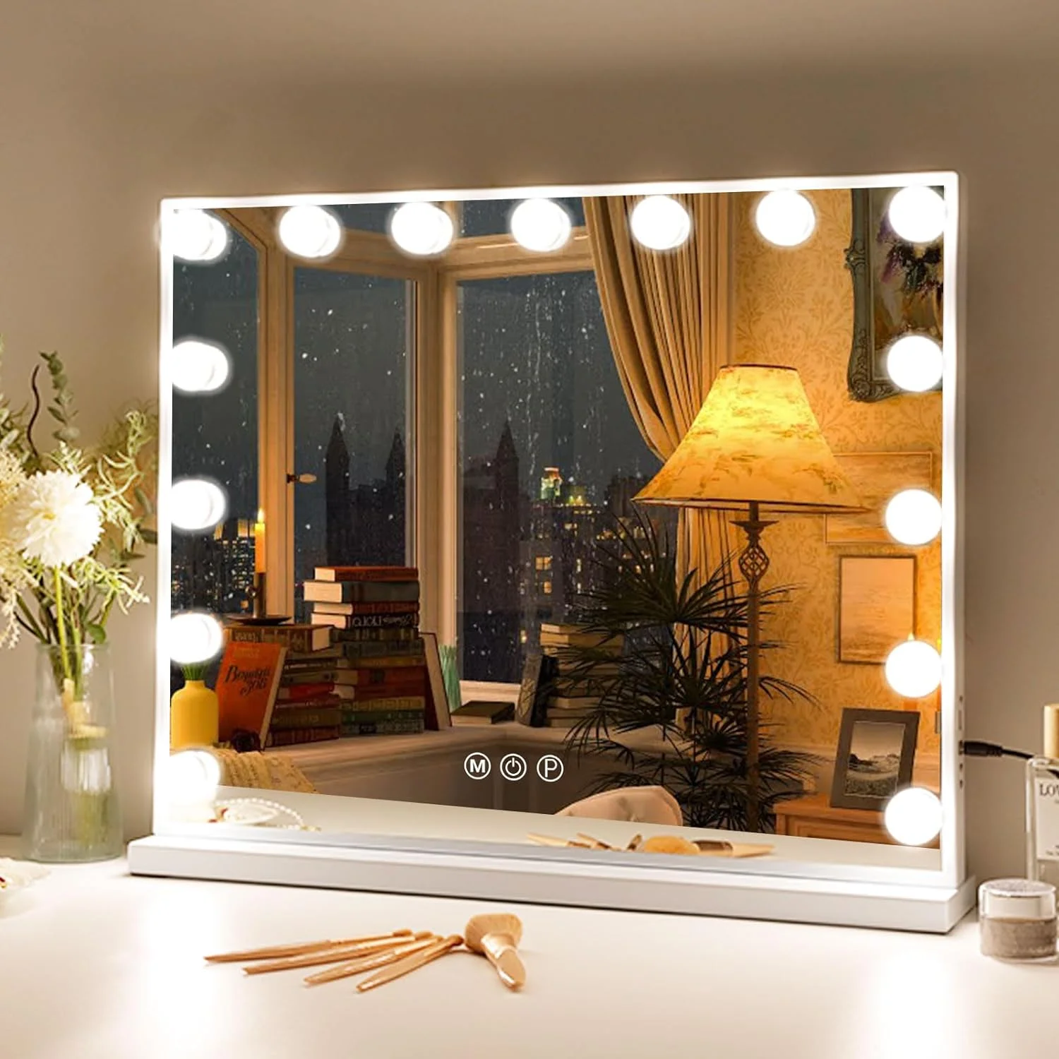 Fenchilin 23”x19” Hollywood Vanity Mirror with Lights USB Tabletop Wall Mount Metal White