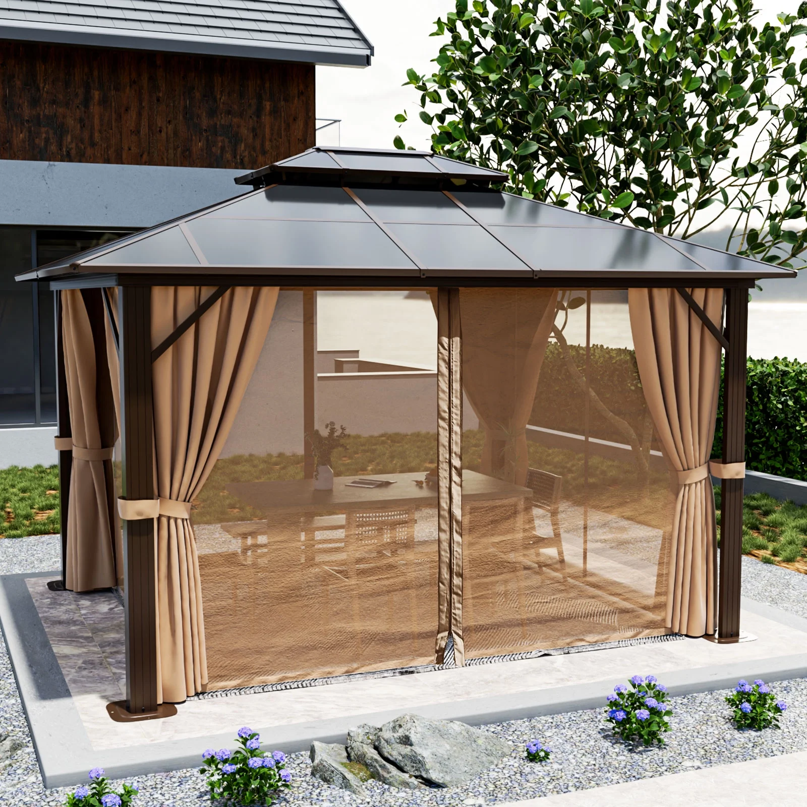 Aoxun 10 ft. x 12 ft. Hardtop Gazebo, Double Polycarbonate Roof Aluminum Frame Gazebo W/Curtain and Netting, Brown