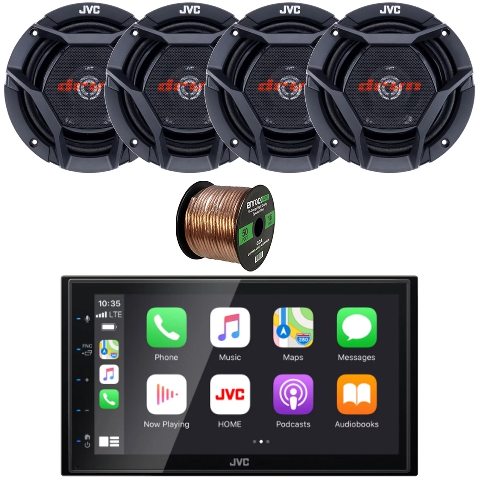 JVC KW-M560BT Double DIN AM/FM Radio Stereo Bluetooth USB Digital Media Car Receiver Bundle Combo with 4x 6.75″ 300 Watts Max Power Shallow-Mount Coaxial Car Audio Speakers and 16G Speaker Wire