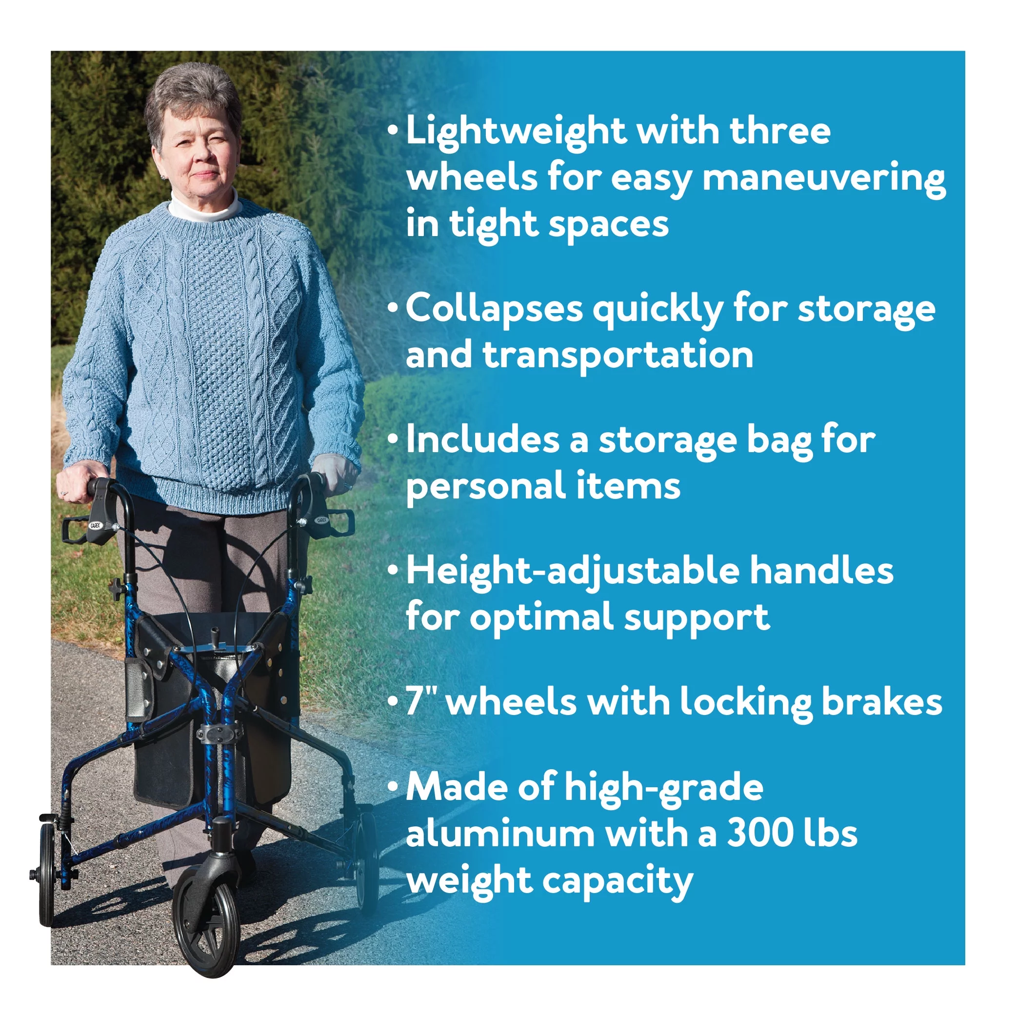 Carex Aluminium 3 Wheel Rollator Walker for Seniors, Height Adjustable Handles, 250 lb Capacity